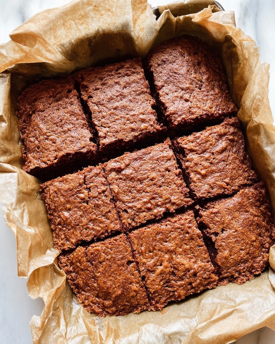 A close-up view of a freshly baked, brown, textured square cake divided into six uneven pieces, showing a slightly rough and cracked crust on top. The cake sits in a baking pan lined with crinkled parchment paper, with the edges of the paper folding inward around the cake. The surface beneath is a white marbled texture. Photo taken with an iphone --ar 4:5 --v 7