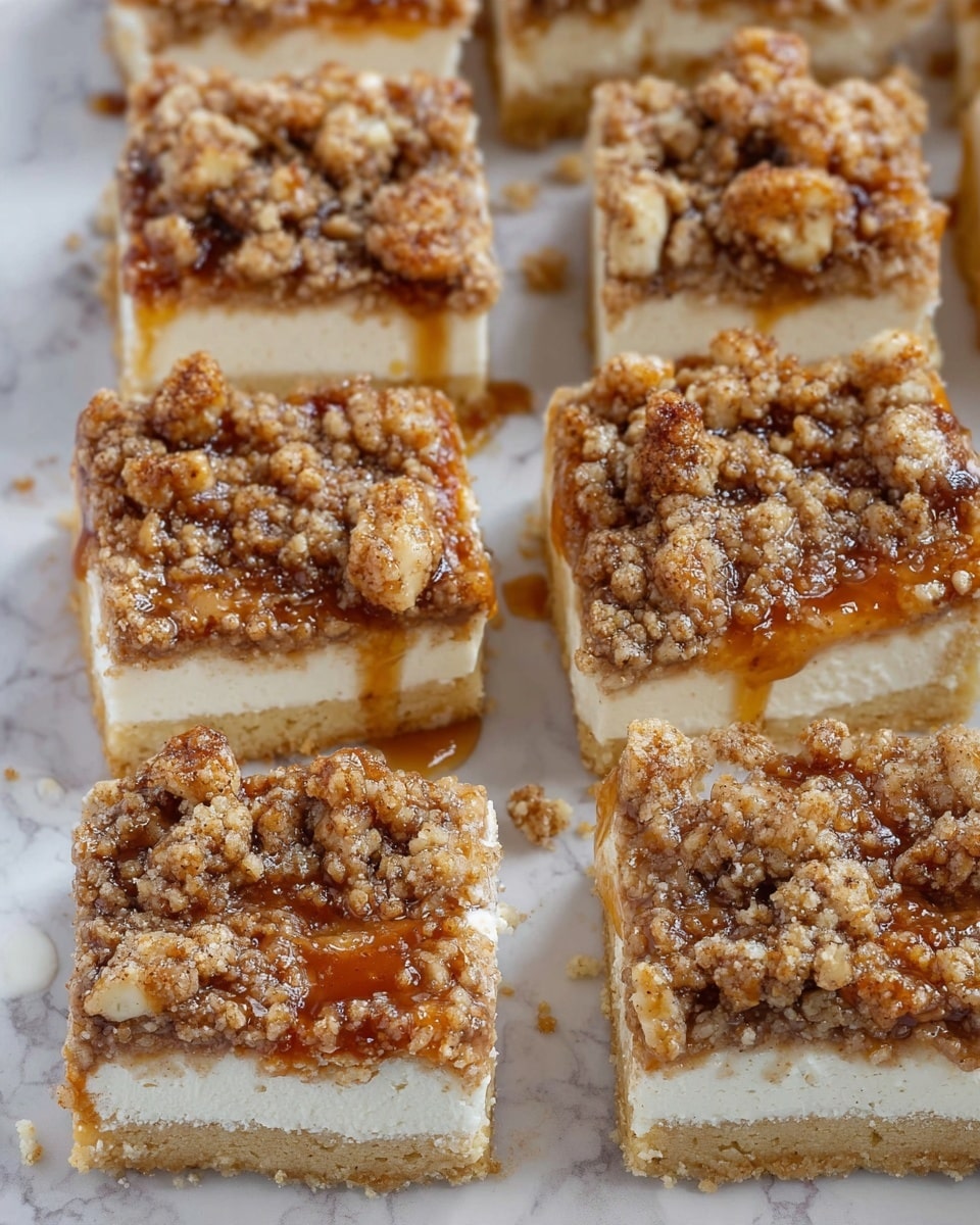 The image shows several square dessert bars arranged closely on a white marbled surface. Each bar has three distinct layers: the bottom layer is a light golden crust, the middle layer is a thick, creamy white filling, and the top layer is a crumbly mix of crushed nuts and brown crumb topping drizzled with a shiny amber syrup. The crumb layer appears rough and uneven with small chunks, providing texture contrast to the smooth middle layer. Photo taken with an iphone --ar 4:5 --v 7