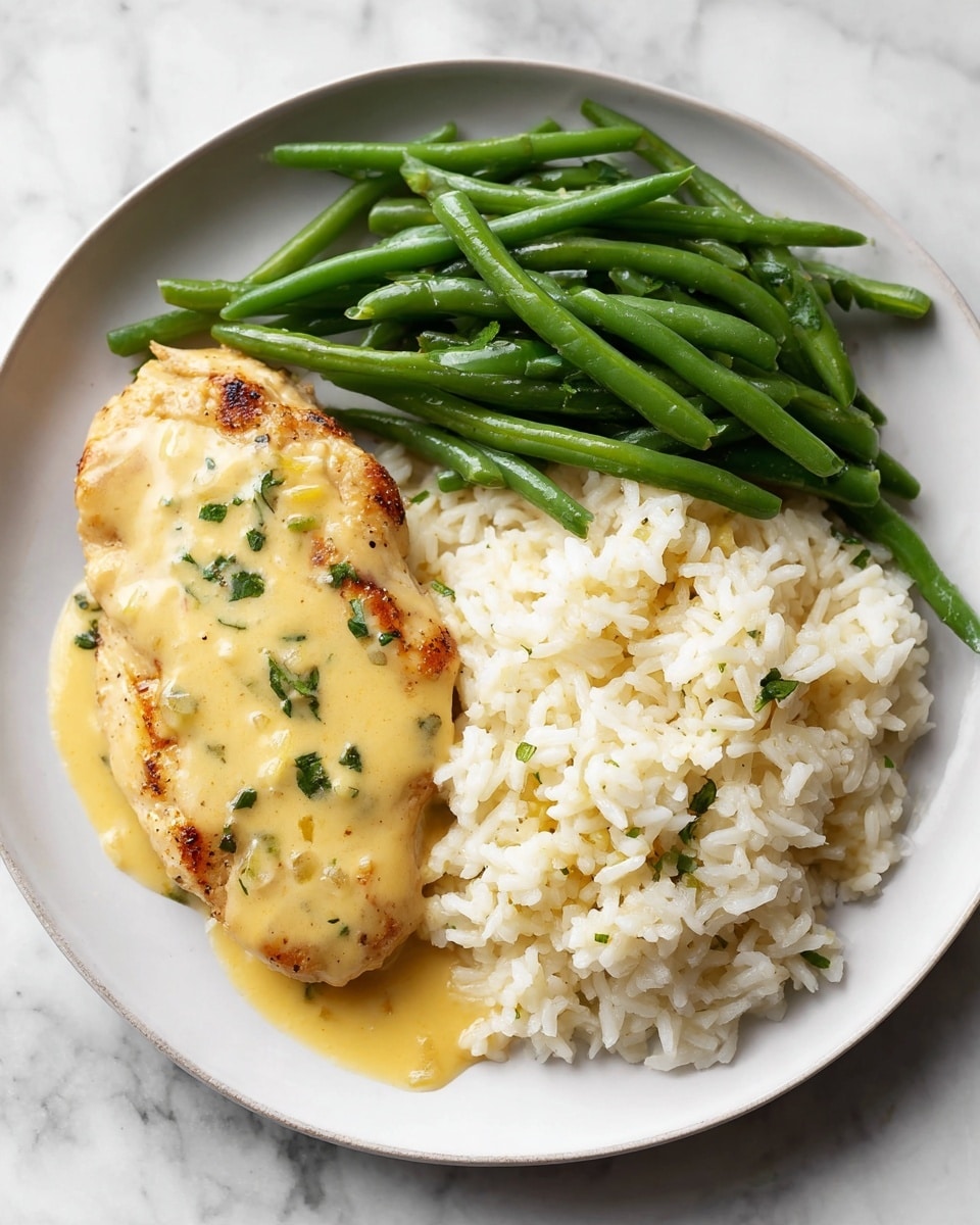 A white plate on a white marbled surface holds a meal with three parts: on the left bottom, there are bright green cooked green beans with a shiny texture lightly drizzled with a creamy yellow sauce. On the right, a pile of white rice mixed with a bit of yellow sauce fills half of the plate, showing soft and fluffy grains. On the top left of the rice, a single cooked chicken fillet with a golden brown grilled surface is covered with the same creamy yellow sauce, which is smooth with some small green herb pieces sprinkled on top. photo taken with an iphone --ar 4:5 --v 7