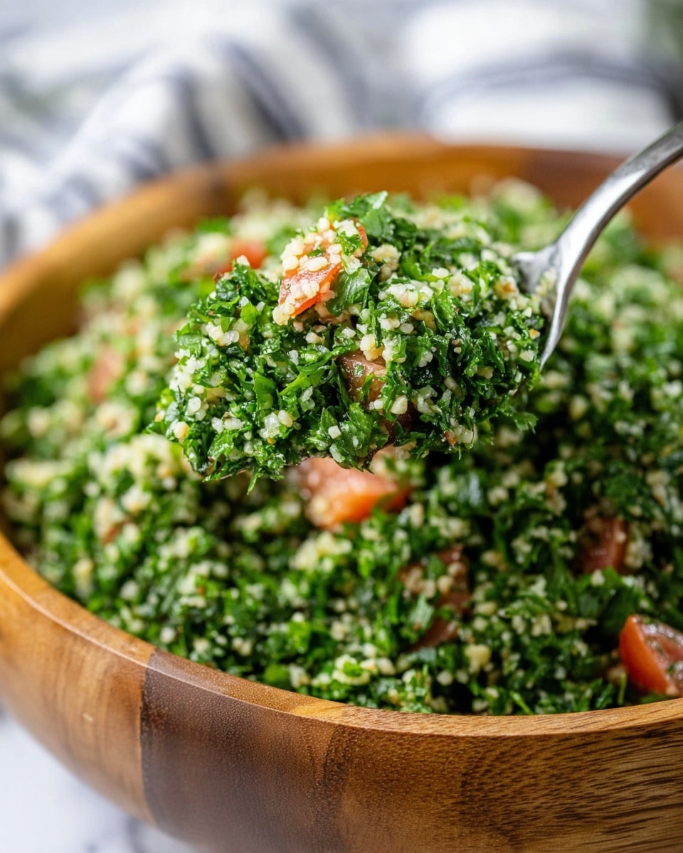 The image shows a close-up of a wooden bowl filled with tabbouleh salad, which has a mix of finely chopped green parsley, small yellowish bulgur grains, and pieces of red tomato scattered on top and within the salad. A silver spoon holds a scoop of the tabbouleh, showing the green leaves and small bulgur grains clearly. The background features a soft focus with hints of a striped cloth. The surface under the bowl is a white marbled texture. photo taken with an iphone --ar 4:5 --v 7