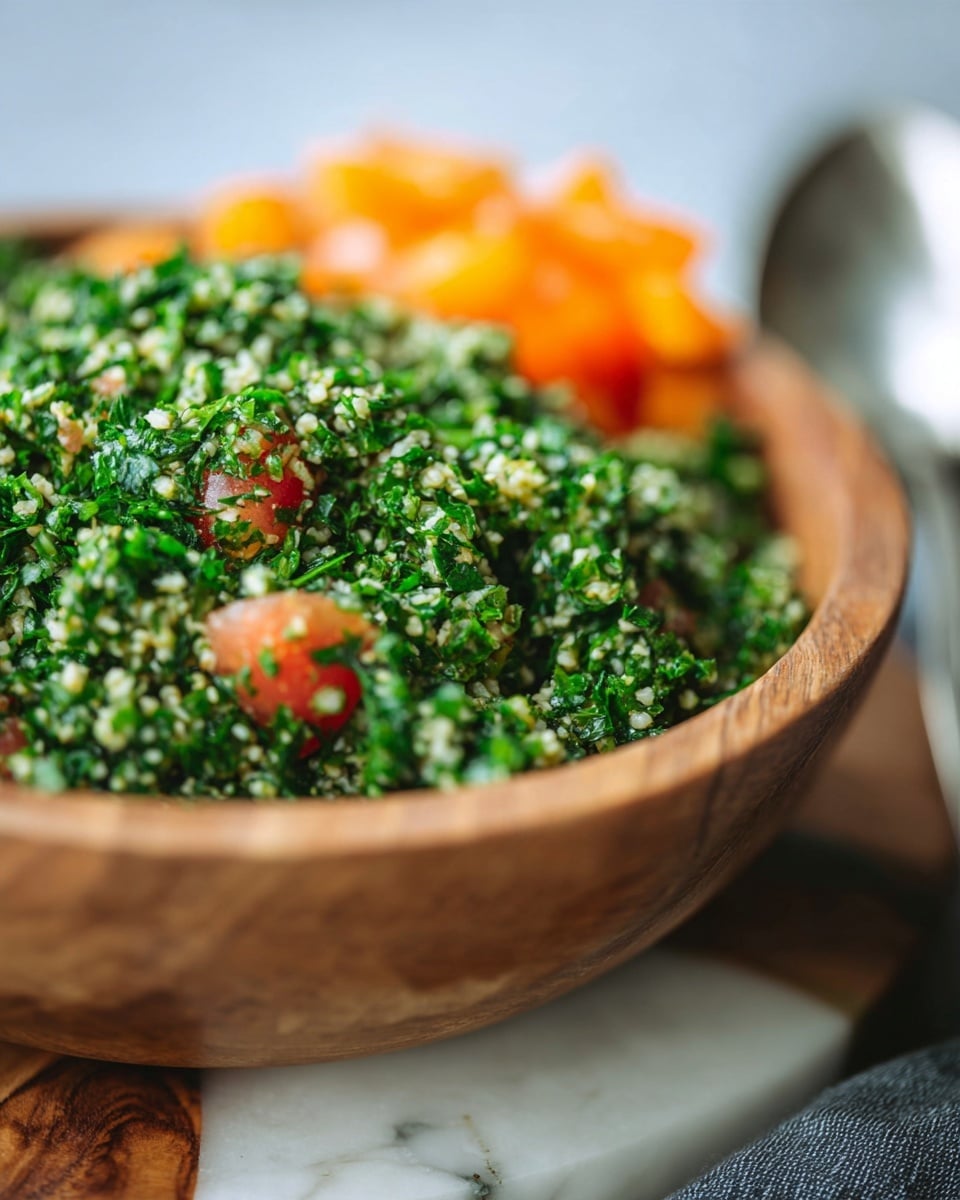 A close-up view of a wooden bowl filled with a fresh green salad made up of finely chopped herbs and bulgur wheat, mixed together with small pieces of red tomatoes spread throughout. Behind the green herb and grain mixture, there is a small pile of diced orange tomatoes, adding a bright contrast to the greens. The bowl sits on a white marbled surface with a silver spoon resting nearby. The background is softly blurred, focusing attention on the detailed texture of the salad photo taken with an iphone --ar 4:5 --v 7