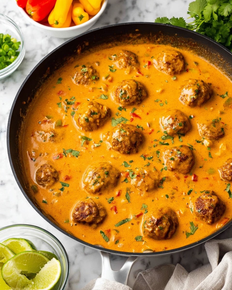A close-up view of a pan filled with meatballs simmering in a thick, creamy orange sauce with small bits of herbs and finely chopped vegetables visible throughout. The pan is part metal with a black non-stick interior, set on a white marbled surface. Around the pan, there are three lime wedges in the foreground, a small clear bowl with chopped green onions to the left, a white bowl holding small yellow and orange peppers in the background, and some green leafy herbs off to the right. Photo taken with an iphone --ar 4:5 --v 7