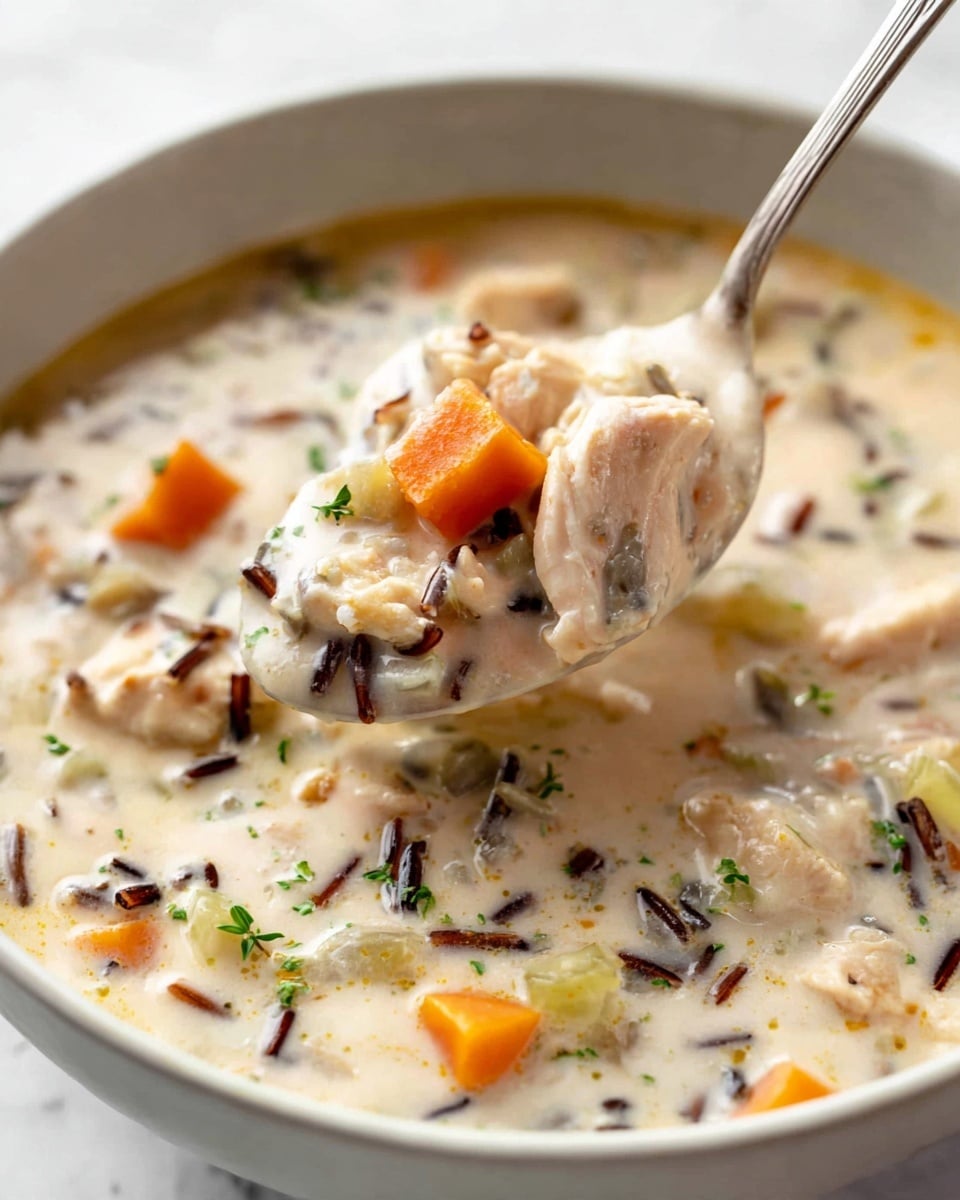 A close-up of a bowl of creamy soup with visible pieces of cooked chicken, orange carrot cubes, small bits of celery, and dark wild rice scattered throughout a thick white broth. A silver spoon is lifting a spoonful from the bowl showing tender chicken and carrots in the creamy liquid with small green herb bits sprinkled around. The soup is served in a shallow white bowl, sitting on a white marbled surface. photo taken with an iphone --ar 4:5 --v 7