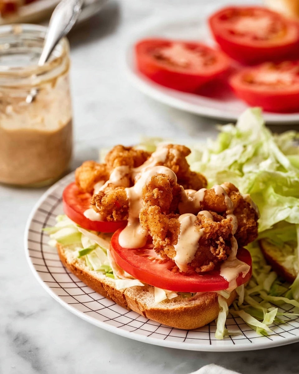 A close-up of a sandwich held by a woman's hand, showing a soft, light brown sandwich bun split open and filled with several layers: first, slices of bright red tomato at the bottom, then crispy fried shrimp that are golden and slightly textured, topped with shredded pale green lettuce. In the background, there is a white plate with a subtle checkered texture on a white marbled surface, along with a small jar of creamy pink sauce with a spoon inside. Photo taken with an iphone --ar 4:5 --v 7
