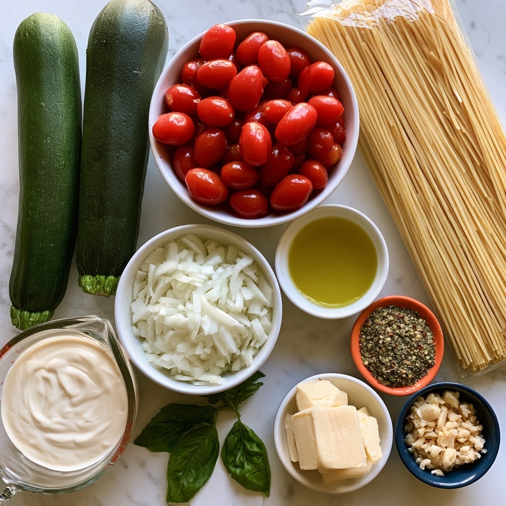 The image shows fresh ingredients laid out on a white marbled surface. On the left, there are two whole zucchinis with a dark green color and smooth texture. Next to them, a white bowl is filled with bright red little tomatoes, round and shiny. To the right, there is a pack of uncooked pasta strands, pale yellow and straight. Below the zucchinis, a white bowl contains finely chopped onions, white with a soft texture. There is a clear measuring cup filled with heavy cream, off-white and smooth, near the bottom left. A few scattered basil leaves with a deep green color and fresh look are placed nearby. Small white bowls hold yellow olive oil and a couple of blocks of pale butter, the butter having a soft but firm texture. Two small bowls, one orange with Italian seasoning speckled in green and brown, and one dark blue with chopped garlic, light beige and moist, complete the arrangement. The photo taken with an iphone --ar 4:5 --v 7