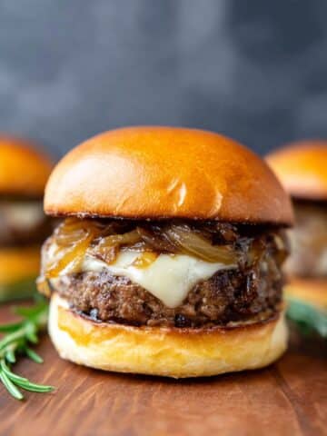 Soy-Glazed Swiss Mushroom Burgers with Caramelized Onions & Rosemary Aioli Recipe