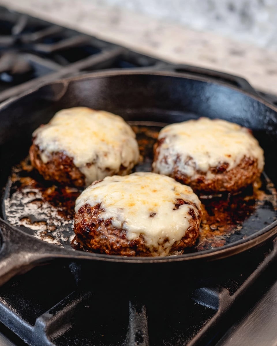 Three thick, round cooked burger patties sit in a black cast iron pan on a stove, each topped with a layer of white melted cheese that is slightly bubbling and spread unevenly over the edges of the patties. The patties have a browned, textured surface beneath the cheese with some browned bits and grease seeping into the pan around them. The pan shows a dark, glossy, oily surface with some cooked-on bits, and the stove below has dark metal grates. The background is out of focus but has a soft, white marbled texture below the pan. photo taken with an iphone --ar 4:5 --v 7