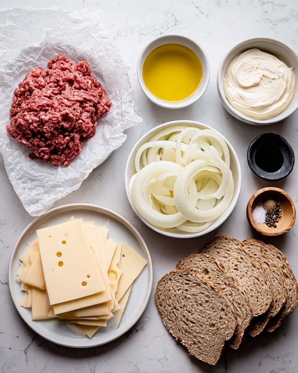 The image shows several ingredients arranged neatly on a white marbled surface. On the left, there is raw ground beef placed on crumpled white paper, next to a small white bowl of yellow olive oil and another white bowl containing creamy white mayo. Below these is a white plate stacked with pale yellow Swiss cheese slices, showing holes and smooth texture. To the right, there is a white bowl filled with thin, round layers of white onion rings. Nearby, there is a small black dish with white salt, black pepper, and a light brown spice, and a small brown wooden bowl containing dark liquid, possibly soy sauce. On the far right, four slices of whole grain bread with light brown crust and soft crumb are stacked. Photo taken with an iphone --ar 4:5 --v 7