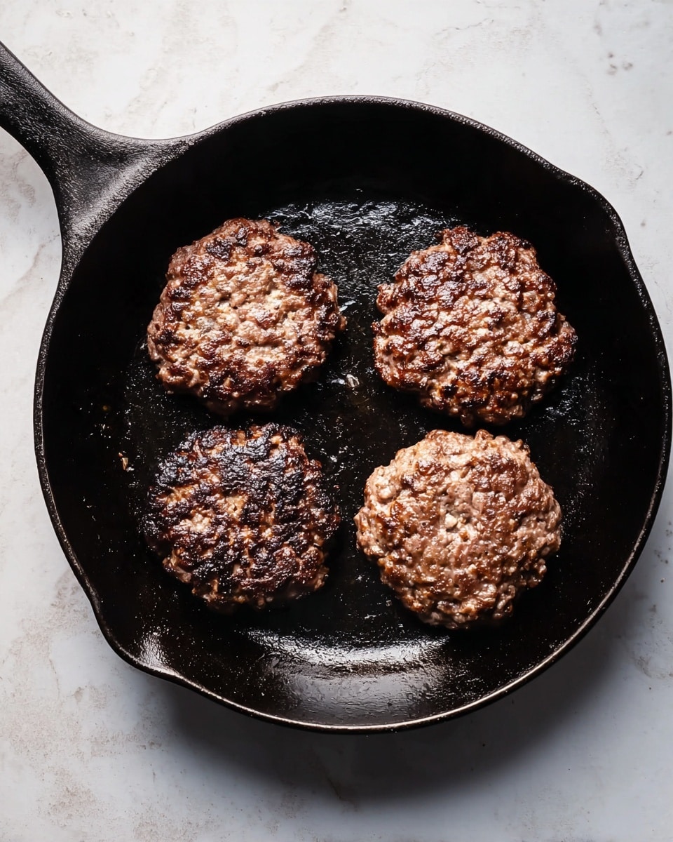Four cooked hamburger patties sit in a black cast iron pan, each patty showing a browned and slightly crispy texture with uneven edges and a mix of darker and lighter brown spots. The pan rests on a white marbled surface, with some small bits of grease glistening around the patties. Photo taken with an iphone --ar 4:5 --v 7