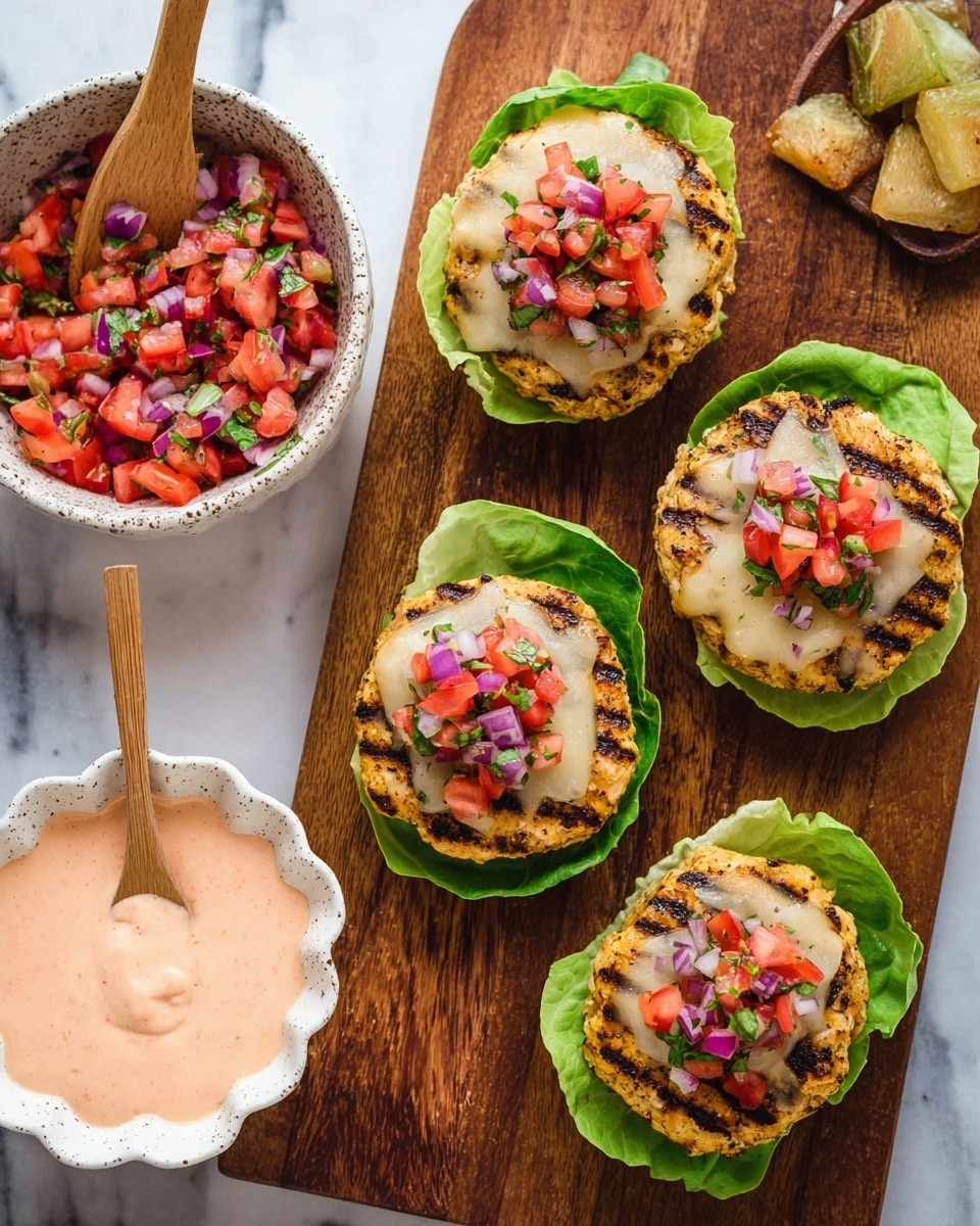 The image shows four small grilled chicken patties on a wooden board, each layered with a bright green leaf of lettuce on the bottom, a round golden-brown grilled patty, a layer of melted white cheese with some grill marks, and topped with a colorful mix of diced red tomatoes, purple onions, and green herbs. To the left, there is a white speckled bowl filled with the same diced tomato and onion mix, and below it is a small white scalloped bowl with a pink creamy sauce and a light wooden spoon. The surface beneath the wooden board has a white marbled texture. photo taken with an iphone --ar 4:5 --v 7