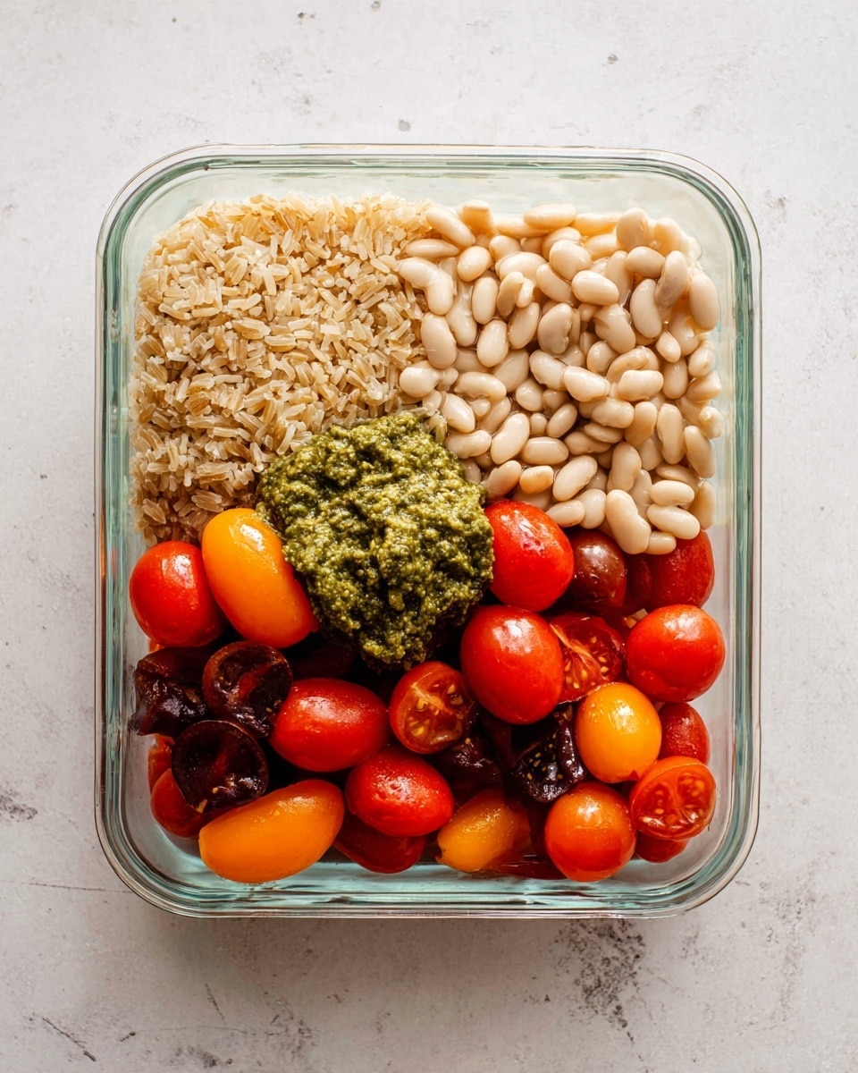 A clear glass square dish on a white marbled surface holds four separate layers of ingredients. In the top left corner, there is a layer of dry brown rice with a rough texture and light brown color. To the right of the rice is a group of pale beige white beans, smooth and round, filling the top right corner. Below the beans and rice, occupying the bottom half, is a large pile of halved cherry tomatoes in bright red, orange, and dark purple shades, showing their soft interiors. On top of the beans and tomatoes, near the center, sits a dollop of chunky green pesto sauce with a textured surface. Photo taken with an iphone --ar 4:5 --v 7