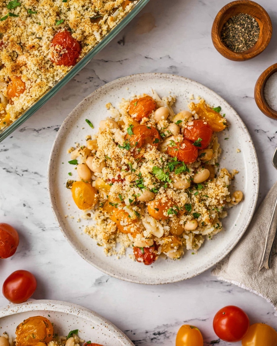 A white plate on a white marbled surface holds a baked dish made of white beans, yellow and orange roasted cherry tomatoes, and rice mixed with green herbs. The dish has a crispy, golden-brown breadcrumb topping scattered unevenly across the top with fresh green herb pieces sprinkled over it. Next to the plate is a clear glass baking dish filled with the same food, showing a thick layer of golden crumbs on top. Around the plate are whole cherry tomatoes and small wooden bowls with seasonings, adding to the rustic kitchen feel. photo taken with an iphone --ar 4:5 --v 7