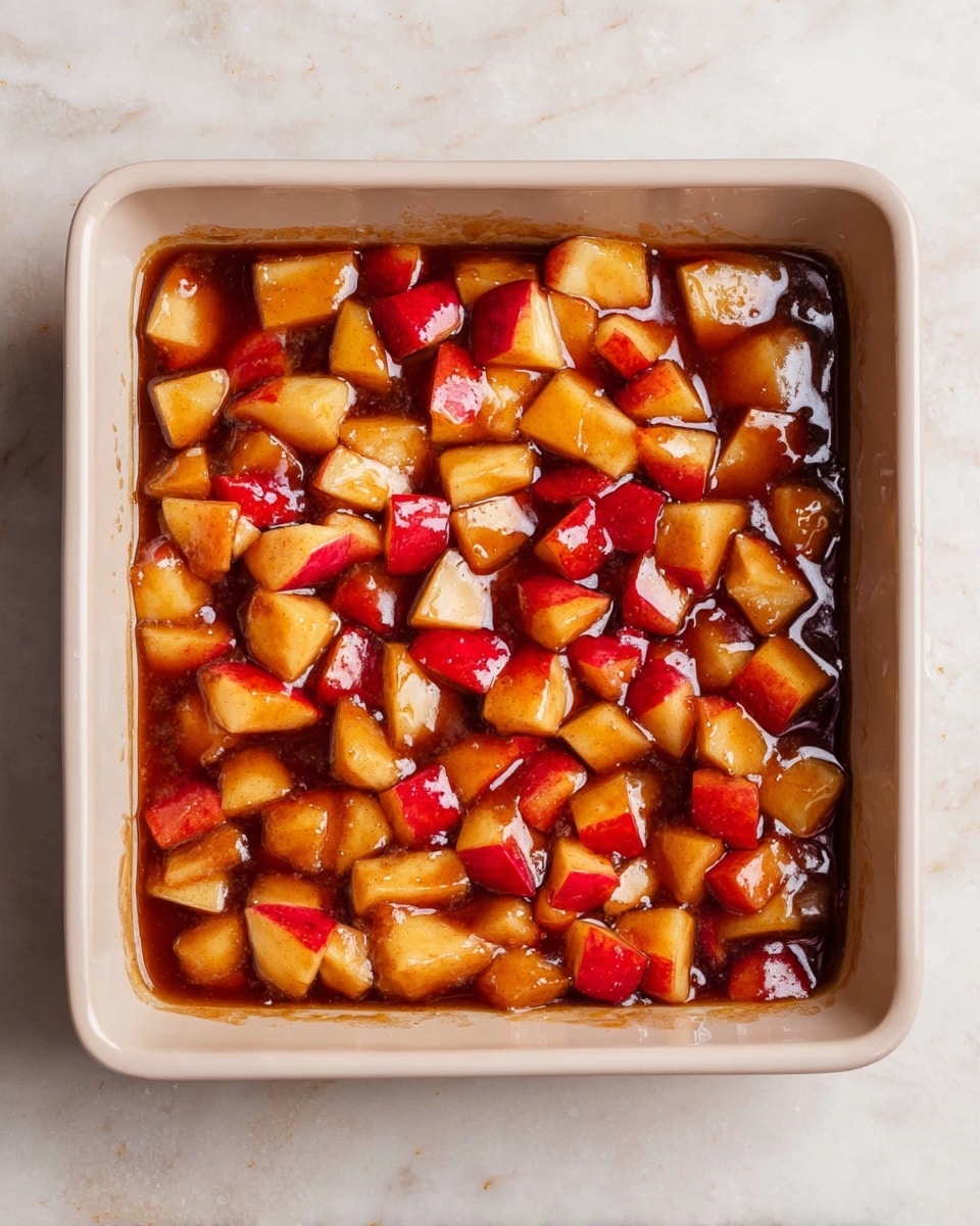 A close-up top view of a square baking pan filled with small, unevenly sized pieces of red and yellow apple mixed in a sticky, dark brown sauce that covers the bottom and coats the apple chunks, all set on a white marbled surface. The pan is filled to the top with the mixture, showing a glossy texture and warm colors of red apple skin, light yellow flesh, and shiny brown sauce. photo taken with an iphone --ar 4:5 --v 7