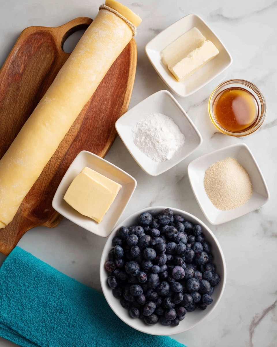 A rolled pale yellow dough sheet rests on a wooden board with a hole and string on the left side, accompanied by small white square bowls containing white powder, a pale yellow square block, light brown sugar, light golden honey, and white granulated sugar. To the right on a white marbled surface, a white square bowl is filled with dark blue fresh blueberries. A small part of a teal cloth is visible on the bottom left corner. photo taken with an iphone --ar 4:5 --v 7