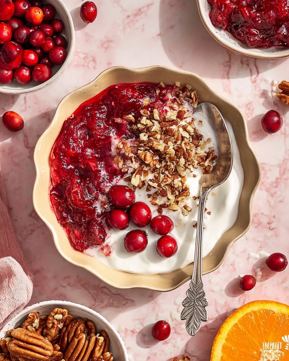 In a beige scalloped bowl, there are three layers: on the left, a thick, bright red cranberry sauce with visible fruit chunks; on the right, a smooth, white creamy layer; and on the top center, a sprinkle of chopped light brown pecans. Four whole shiny red cranberries sit on the white cream near a silver spoon with a leaf-shaped handle placed inside the bowl. Surrounding the bowl are scattered whole cranberries, a white bowl with pecans on the top left, a white bowl with more cranberry sauce on the top right, and part of an orange half at the bottom, all set on a light pink background with a white marbled texture. A woman’s hand is not visible but implied holding the spoon. photo taken with an iphone --ar 4:5 --v 7