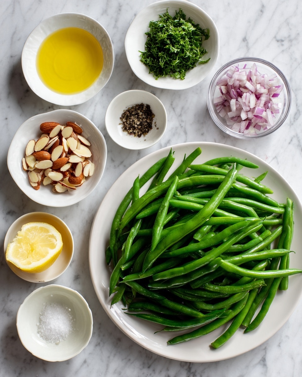 A white plate filled with fresh green beans, long and bright green, takes the bottom right part of the image. Surrounding the plate are six small white bowls arranged across the top and left: one bowl holds light brown sliced almonds, another has finely chopped bright green parsley, another contains pale yellow butter, a clear glass bowl with chopped light purple shallots, a bowl filled with light yellow lemon juice, and two small bowls holding black pepper and white salt. At the top left corner, there is a bowl filled with clear golden oil. All items are placed on a white marbled surface. Photo taken with an iphone --ar 4:5 --v 7