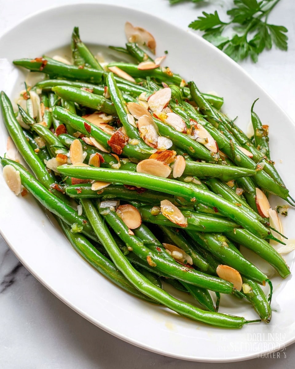 On a white oval plate, there is a pile of bright green cooked green beans with a shiny, slightly oily surface. Scattered over the green beans are thin, toasted light brown almond slices adding texture and small bits of finely chopped garlic and herbs. The plate sits on a white marbled background, with a few green parsley leaves placed nearby for garnish. The colors are fresh and vibrant, with the green beans taking up most of the space, layered in a slightly overlapping manner. Photo taken with an iphone --ar 4:5 --v 7