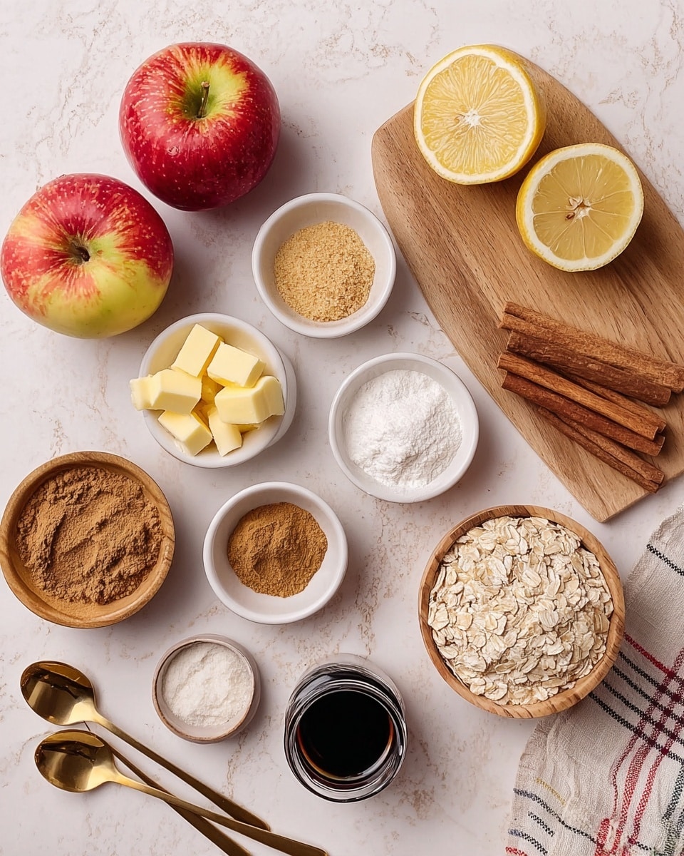 Two whole red and yellow apples sit on a white marbled surface next to two halves of a lemon showing the seeds inside. A wooden board holds five small white bowls and one small clear bowl; from top left clockwise, the bowls contain light brown sugar, two square yellow butter pieces, white flour, more light brown sugar, and oats. Next to the board are two small wooden bowls, one with a wooden spoon and filled with ground cinnamon, the other with cinnamon sticks. A small jar of dark vanilla extract with two golden spoons sits near the apples. Two small clear bowls containing white powders and a multi-colored checkered cloth complete the scene. Photo taken with an iphone --ar 4:5 --v 7