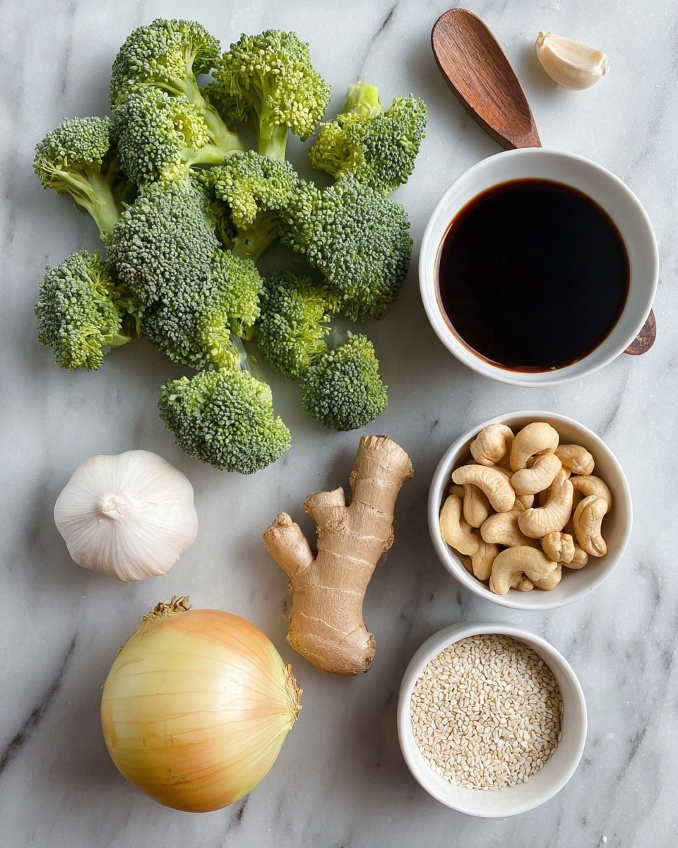 The image shows an arrangement of fresh cooking ingredients on a white marbled surface. On the left, there is a pile of green broccoli florets with a textured, rough look. Below the broccoli are a whole white garlic bulb and a garlic clove beside it. Next to the garlic, slightly to the right, is a knobby piece of light brown ginger root. At the bottom left corner, a round, smooth-skinned yellow onion is placed. On the right side, there are three white bowls: one at the top filled with light beige cashew nuts, the middle one holding a dark brown liquid sauce, and the bottom bowl containing white sesame seeds with a small wooden spoon resting in it. The ingredients are spaced out neatly, highlighting their varied colors and textures. Photo taken with an iphone --ar 4:5 --v 7
