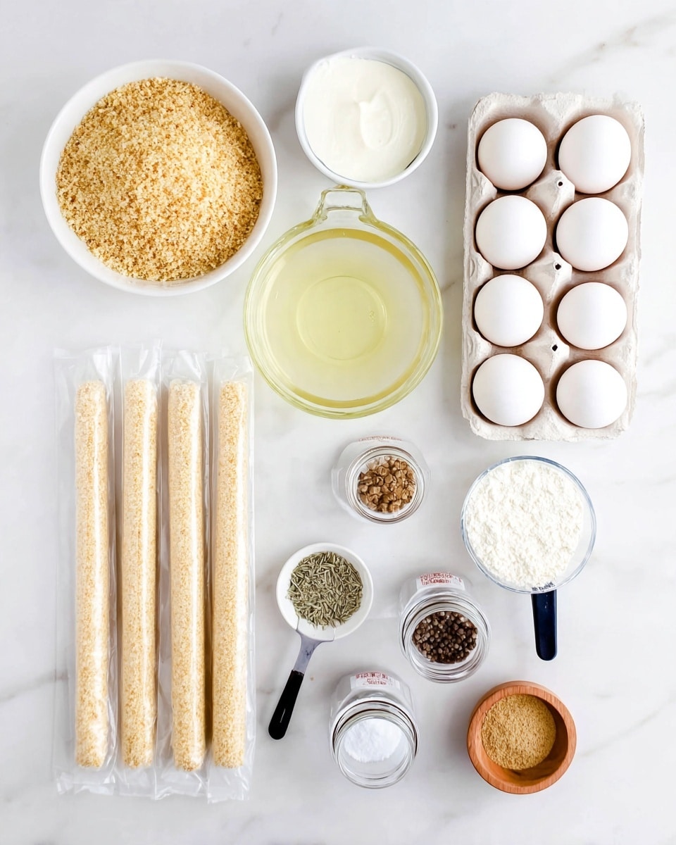 The image shows ingredients neatly arranged on a white marbled surface, including two white bowls filled with golden brown breadcrumbs, a white egg carton holding six white eggs at the top right, and a clear glass measuring cup filled with pale yellow oil near the center. Below the oil, there are six individually wrapped string cheese sticks lined up horizontally. To the right of the oil, a black measuring spoon holds white flour, and a small white dish nearby contains dried herbs. Two small clear jars with metal lids hold salt and black pepper, while a small wooden bowl contains a tan powdery spice. The overall setup is clean and organized. Photo taken with an iphone --ar 4:5 --v 7