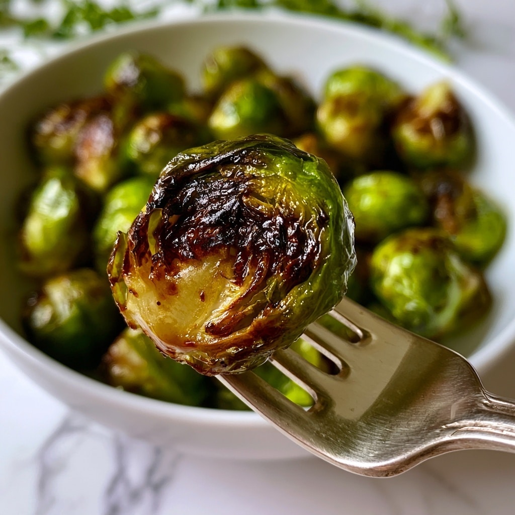 A close-up of a single roasted Brussels sprout on a silver fork with three prongs is shown in the foreground; the sprout is charred on the outside with dark brown and bright green patches and has a slightly shiny surface. In the background, slightly out of focus, is a white bowl filled with many roasted Brussels sprouts that have similar colors of green and browned edges. The scene rests on a white marbled surface, with some greenery blurred in the background. Photo taken with an iphone --ar 4:5 --v 7
