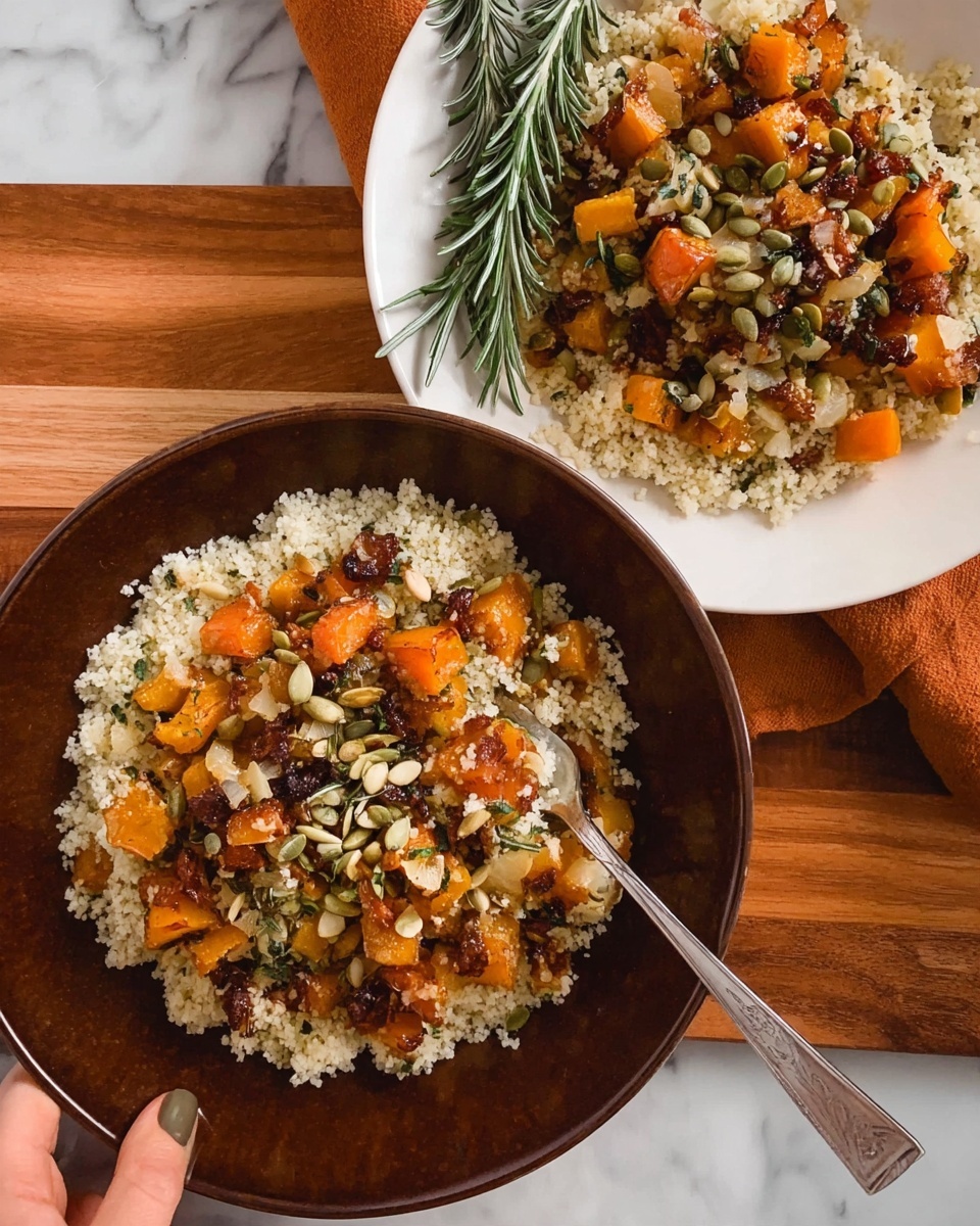 The image shows two servings of a dish made with three main layers. The bottom layer is a fluffy white grain, likely couscous or similar, evenly spread on both a deep brown bowl and a white plate. On top of this base is a layer of roasted orange squash pieces mixed with small bits of caramelized onion, adding a slightly golden and brown texture. Scattered over the top are green pumpkin seeds, some light brown toasted seeds, and small green herb pieces. There is also a sprig of fresh rosemary placed on the white plate next to the dish. The bowl and plate are placed on a wooden surface with a white marbled texture visible underneath. A woman’s hand holding a fork is positioned inside the brown bowl, ready to eat. Photo taken with an iphone --ar 4:5 --v 7