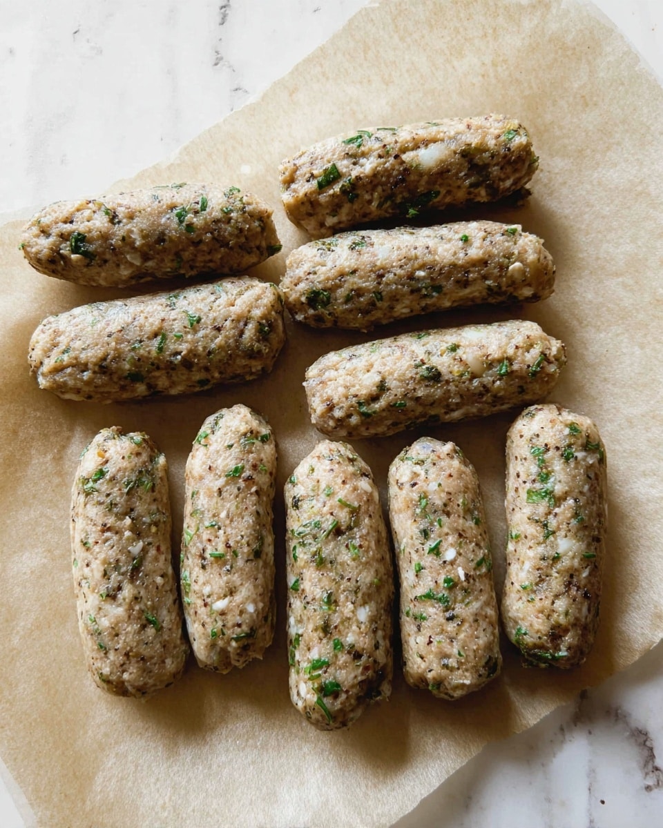 Nine long, rough-textured sausage-shaped pieces made from a mixture with small green herbs are laid out in two rows on a single layer of light beige parchment paper, all placed on a white marbled surface. The pieces have a light brown color mixed with specks of green and white, giving a slightly coarse look. Each piece varies slightly in shape but is neatly formed, showing visible bits inside the mixture. Photo taken with an iphone --ar 4:5 --v 7