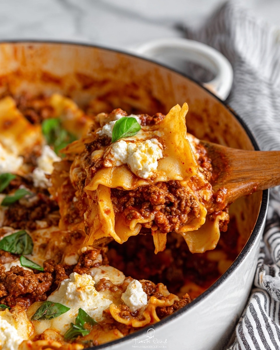 This image shows a close-up of a wooden spoon lifting a portion of lasagna from a white pot. The lasagna has wide, ruffled-edge pasta layers coated in rich red meat sauce with brown ground meat mixed in. White ricotta cheese dots are visible throughout the layers. Fresh green basil leaves are scattered on top for color. The pot is on a white marbled surface with a striped cloth nearby. photo taken with an iphone --ar 4:5 --v 7
