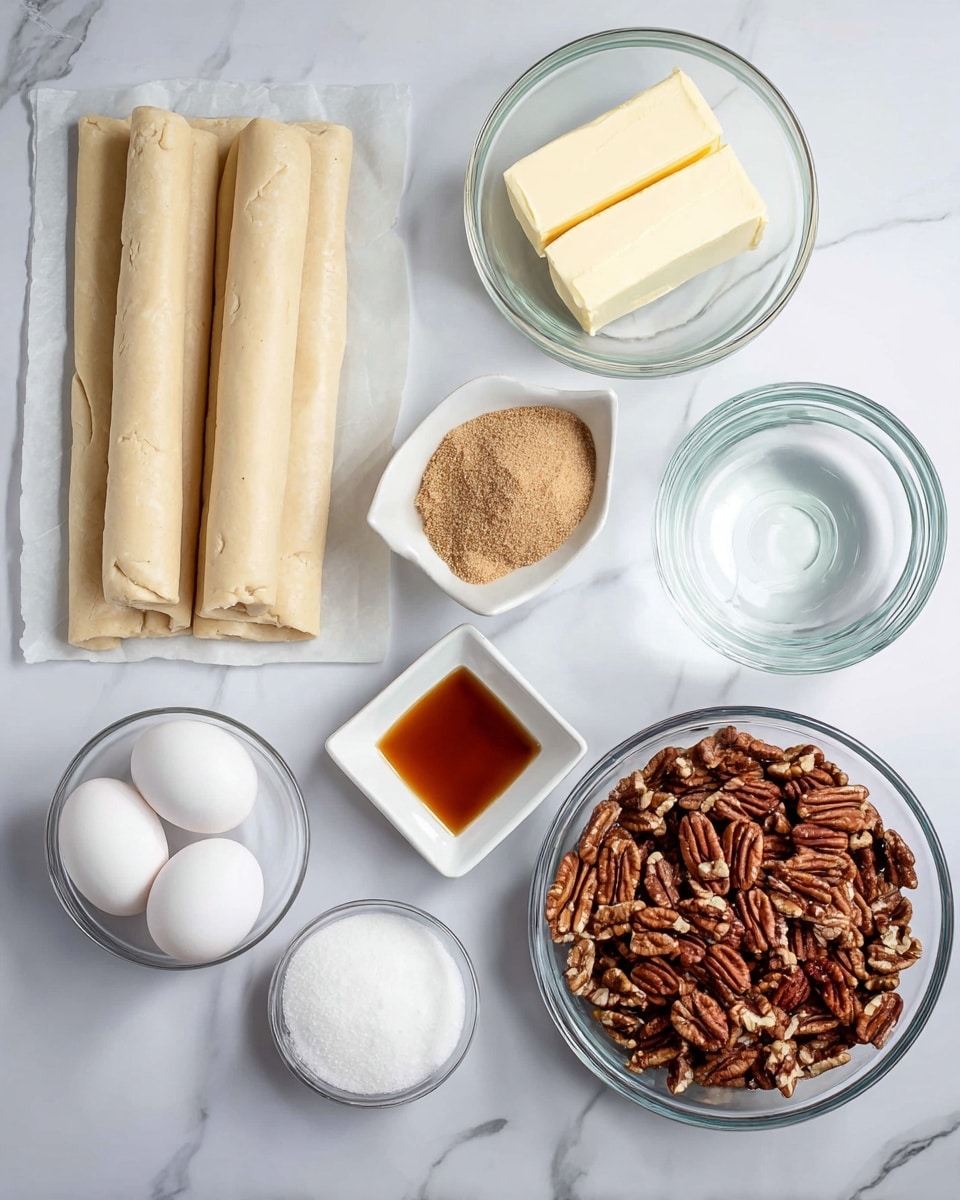The image shows a flat white marbled surface with eight different ingredients arranged neatly. On the left side, there are three rolled light beige dough sheets placed on parchment paper. Above them, there is a clear glass bowl with two pale yellow sticks of butter. To the right, there is a medium clear glass bowl filled with light brown soft brown sugar. Next to it are two small white square bowls, one with white powder and the other with amber-colored liquid, likely vanilla extract. Below the sugar bowl, there is a larger clear bowl filled with many whole pecans in rich brown shades. At the bottom left, there is another clear glass bowl holding four white eggs. Finally, a clear bowl of plain water sits above the pecan bowl. All items are neatly positioned on the white marbled surface with soft, natural lighting. photo taken with an iphone --ar 4:5 --v 7