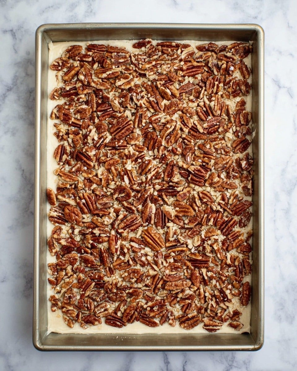 A rectangular metal baking pan with a thick, light beige crust layer evenly spread along the edges and bottom, topped with a dense, even layer of whole brown pecan halves scattered all across the surface. The pan is placed on a white marbled surface. Photo taken with an iphone --ar 4:5 --v 7