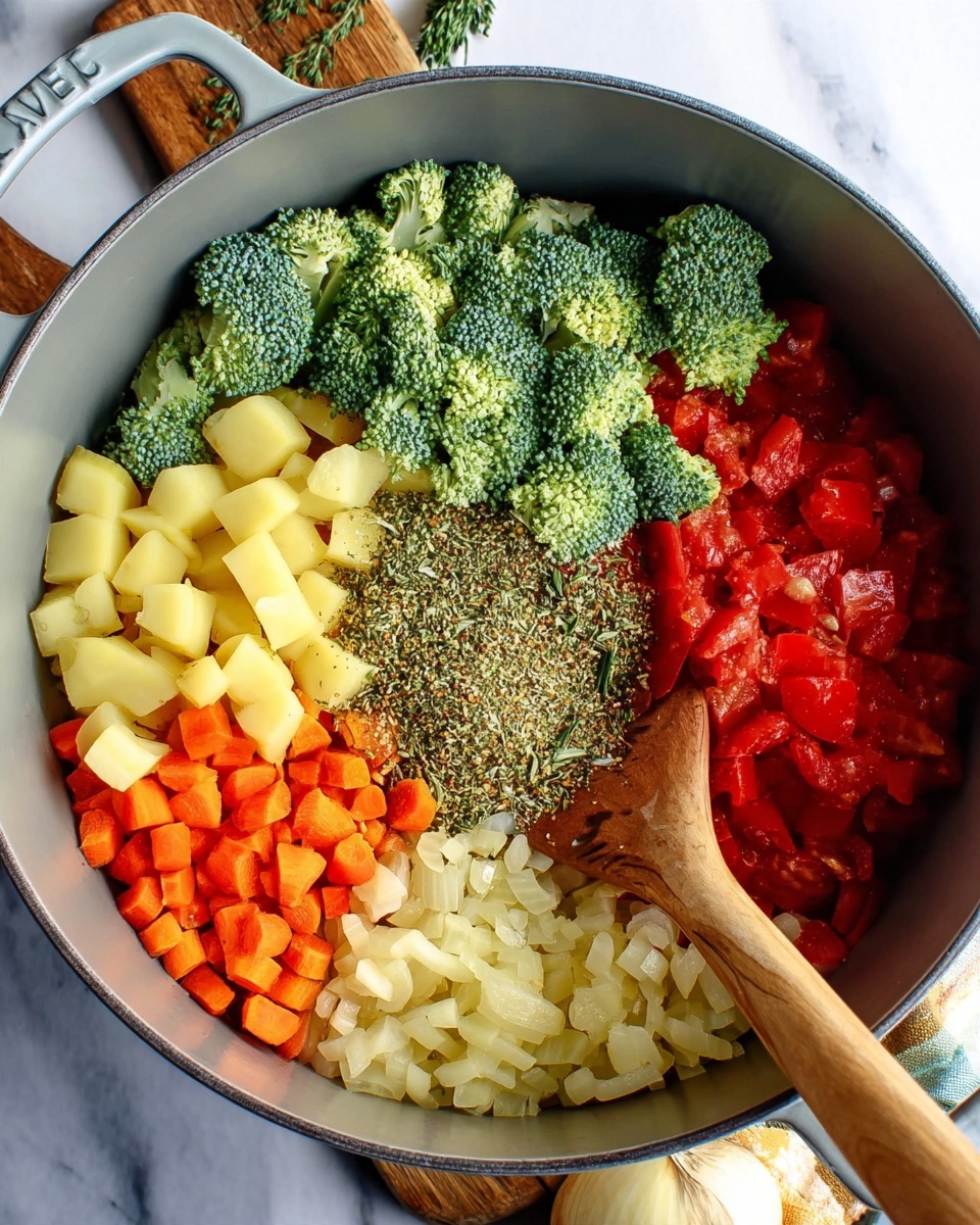 A large grey pot filled with six distinct layers of ingredients, arranged separately and clearly visible. The top left section holds bright green broccoli florets with a rough texture. Below the broccoli, there are chunky, vibrant red diced tomatoes with juicy surfaces. At the center, a dark pile of mixed dried herbs sits, surrounded by small, finely minced pale garlic. To the right of the garlic, small cubes of yellow potatoes are neatly stacked. The bottom right shows finely chopped orange carrots mixed with translucent cooked onions. A wooden spoon is resting on the right side, touching the potatoes and broccoli. The pot sits on a white marbled surface, and there is a woman's hand holding the spoon's handle out of the frame photo taken with an iphone --ar 4:5 --v 7