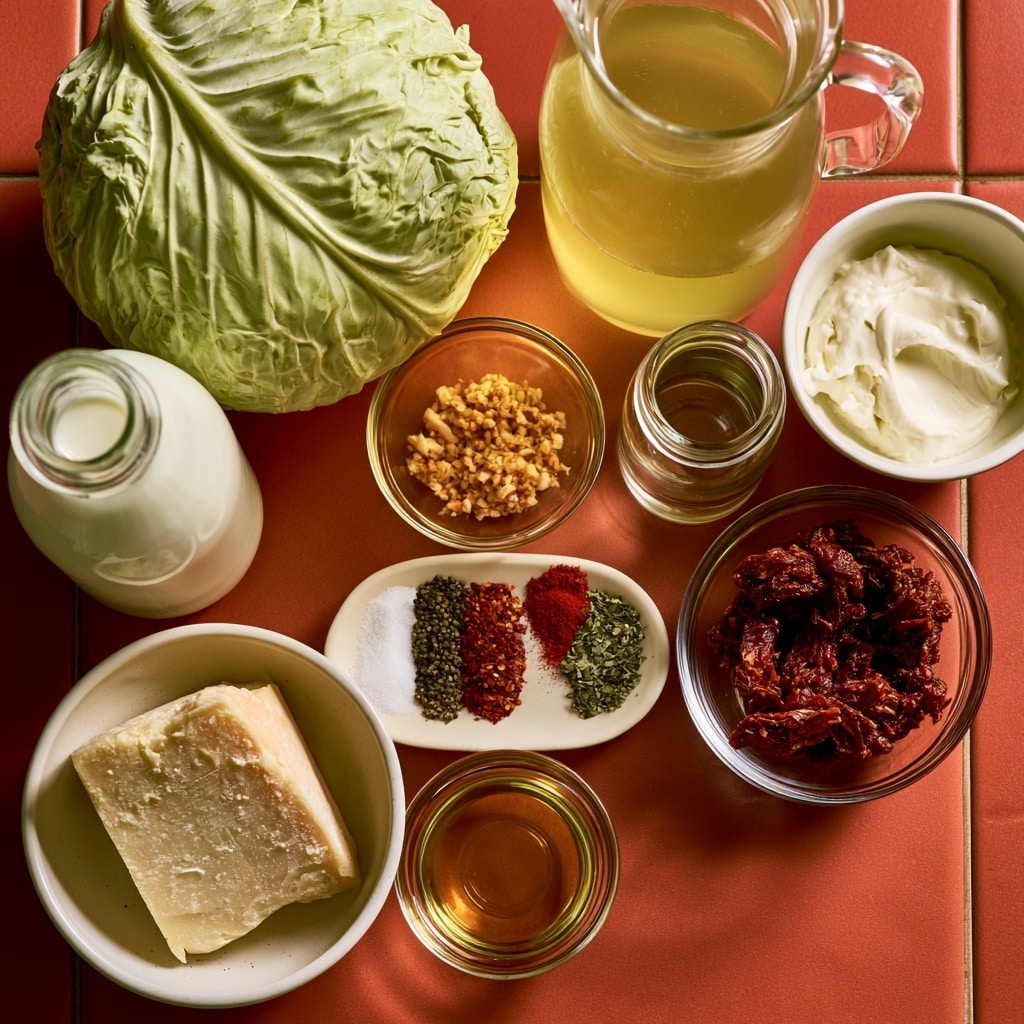A round green cabbage sits whole at the top left on a red tiled surface, next to a clear glass jug filled with yellow broth on the right. Below the cabbage is a glass bottle filled with white cream. In the center is a small clear glass bowl holding finely chopped garlic with a light brown color. Next to it on the right is a smaller clear glass jar filled with clear oil. Below the garlic, a small white plate displays different seasonings in separate sections: salt, black pepper, red chili flakes, red paprika, and dried green herbs. At the bottom left, a white bowl holds a block of Parmesan cheese in off-white color. A small clear glass bowl filled with clear golden oil is placed beside it. To the right of the oil, a medium clear glass bowl contains dark red sun-dried tomatoes. Finally, a white bowl with smooth white cream cheese sits near the top right. All items are arranged on the red tiled floor, photo taken with an iphone --ar 4:5 --v 7