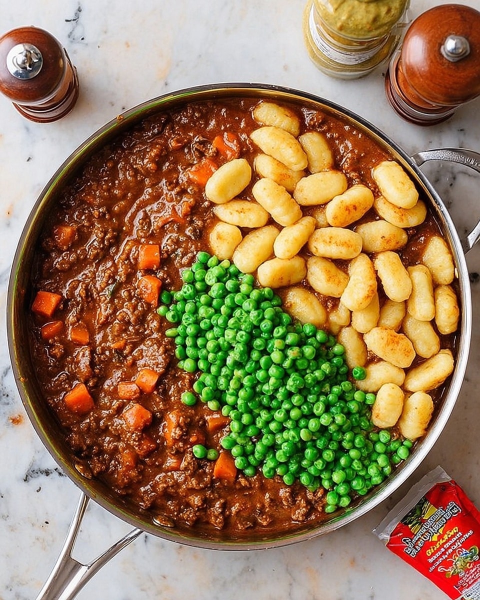 A close-up top view of a stainless steel pan filled with a thick brown meat sauce mixed with small pieces of orange carrot, topped on one side with golden, lightly browned gnocchi, and on the other side with a mound of bright green peas. The pan sits on a white marbled surface with a pepper grinder above it and a jar of mustard with a sachet of sauce beside it to the right. The sauce looks rich and textured, with the softness of the gnocchi contrasting with the firm peas, showing a mix of colors and textures coming together photo taken with an iphone --ar 4:5 --v 7