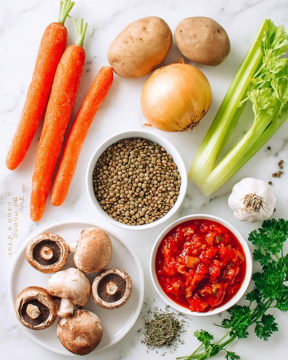 The image shows a collection of fresh ingredients placed on a white marbled surface. There are two long orange carrots and a light brown potato near the top. A whole yellow onion and three stalks of bright green celery are also present. Several brown mushrooms with white undersides are placed on a white plate at the bottom left. In the middle, a white bowl is filled with green lentils, and next to it, another white bowl contains a chunky red tomato sauce with visible tomato and herb pieces. A small white bowl holds dried green herbs, and a bulb of garlic is near the bottom right corner, with fresh green parsley sprigs scattered around. Photo taken with an iphone --ar 4:5 --v 7