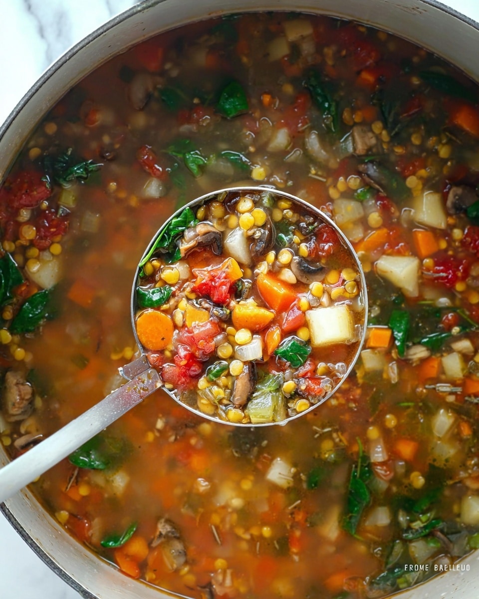 The image shows a large pot filled with vegetable soup, containing various colorful ingredients in a clear broth. The soup has visible layers including small round yellow lentils, bright orange carrot cubes, white potato chunks, dark green leafy spinach, light green celery, translucent diced onions, chopped mushrooms, and red tomato pieces. A silver ladle is scooping up a portion of the soup, showing a closeup of the mixed vegetables and broth. The pot is on a white marbled surface, and the lighting highlights the fresh, vibrant colors of the soup. photo taken with an iphone --ar 4:5 --v 7