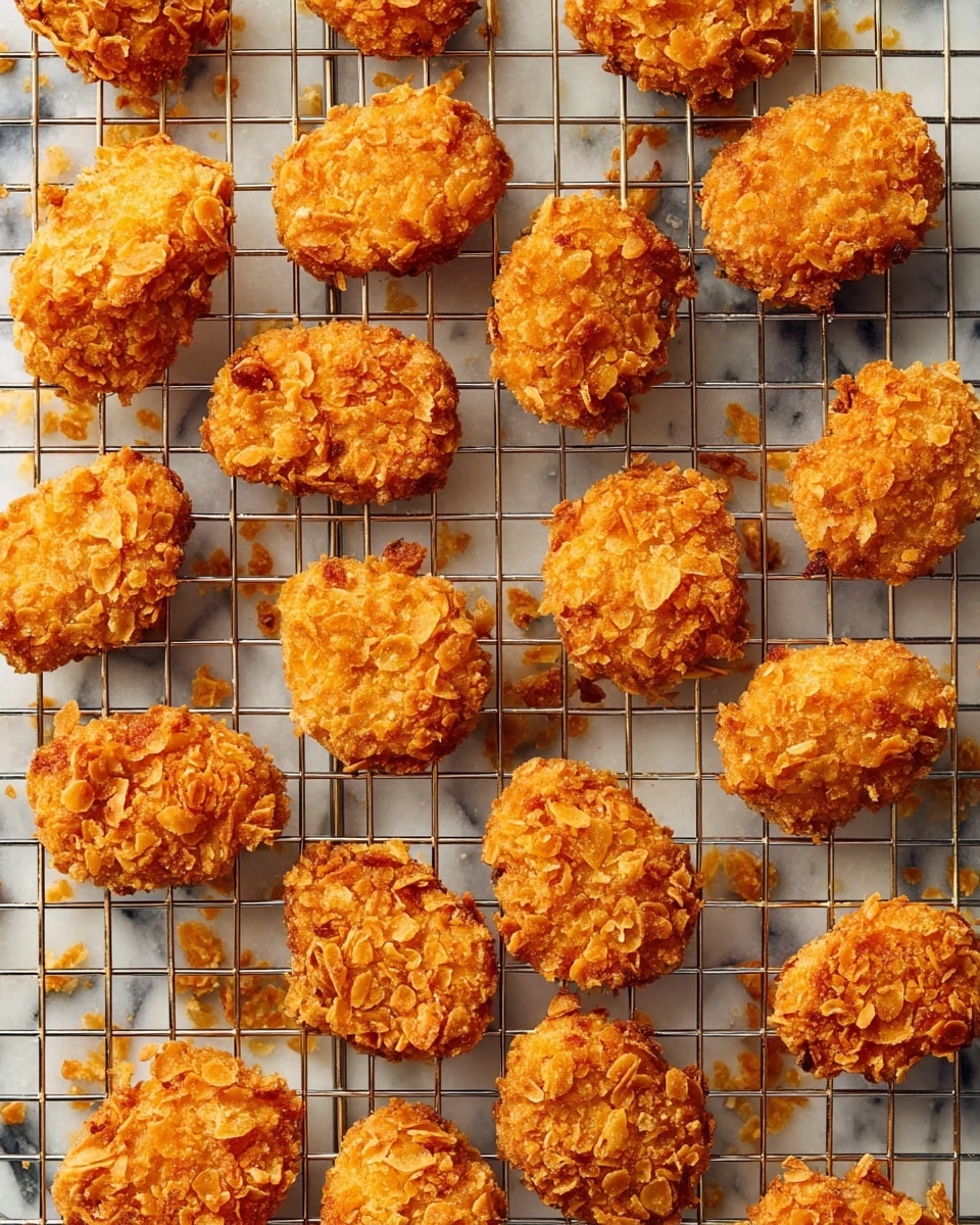 Small golden brown crispy nuggets are spread out evenly on a metal cooling rack, which rests over a white marbled surface. Each nugget is roughly round or slightly oval-shaped, with a rough, crunchy texture made up of irregular, flaky layers of a fried crunchy coating that gives them a crunchy look. The nuggets have a warm golden to deep amber color, showing some darker spots where the coating is more toasted. The cooling rack's grid pattern is visible below the nuggets, with some crumbs scattered around, adding to the crispy appearance. photo taken with an iphone --ar 4:5 --v 7