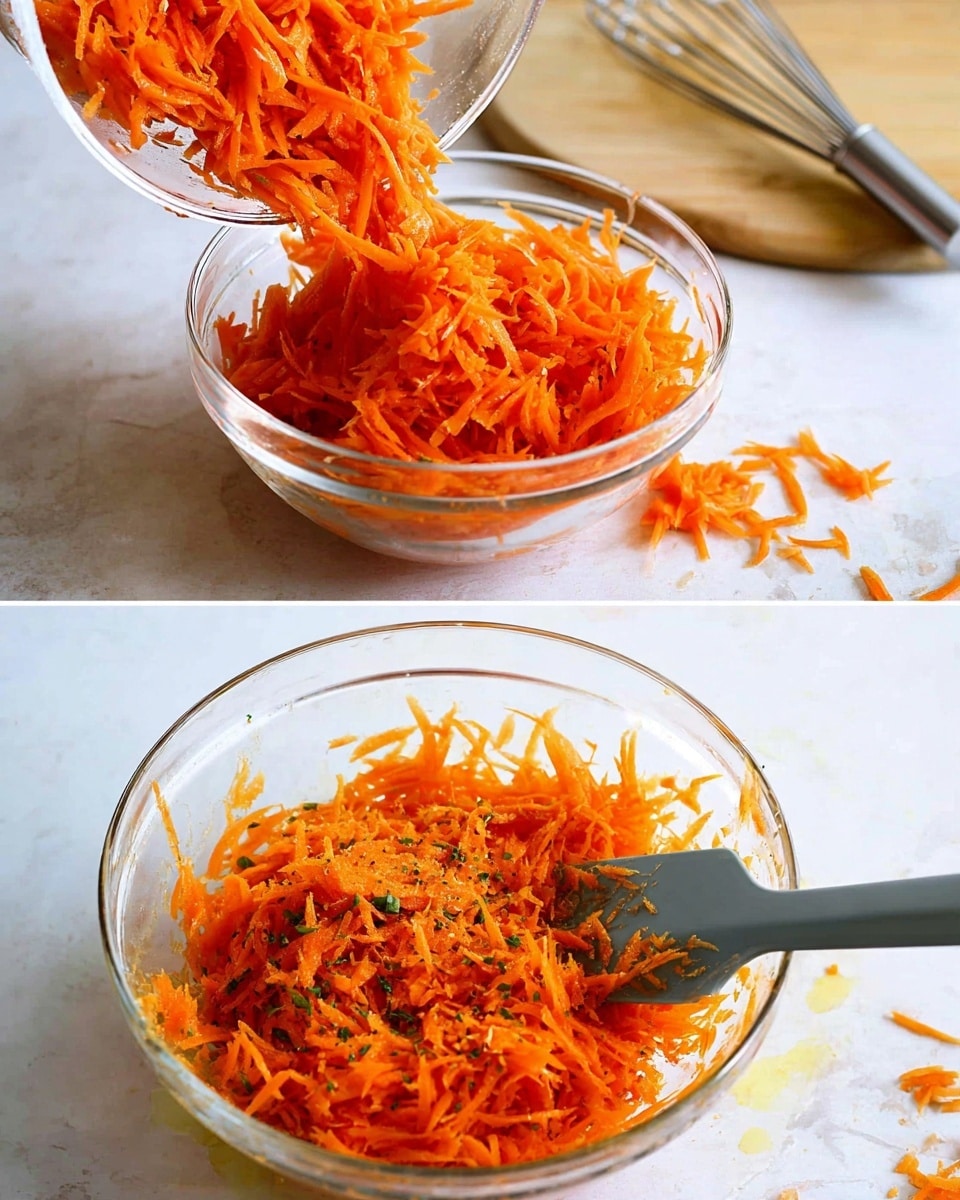 A clear glass bowl on a white marbled surface holds a bright orange pile of shredded carrots. In the top part of the image, a smaller clear bowl is tilted, pouring more shredded carrots into the bigger bowl, with a metal whisk lying nearby on the surface. In the bottom part, the shredded carrots are mixed, showing some black pepper and herbs scattered throughout, with a gray spatula resting inside the bowl. Bits of carrot are both inside and around the bowl, adding a fresh and natural look. Photo taken with an iphone --ar 4:5 --v 7