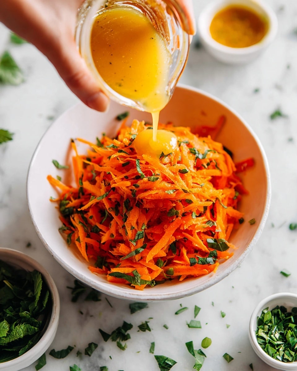 A white bowl is filled with bright orange shredded carrots mixed with small green herb pieces, topped with a drizzle of golden orange dressing being poured from a small clear glass container held by a woman's hand. The bowl sits on a white marbled surface with scattered green herb leaves and some small white bowls filled with various fresh chopped herbs around it. Photo taken with an iphone --ar 4:5 --v 7