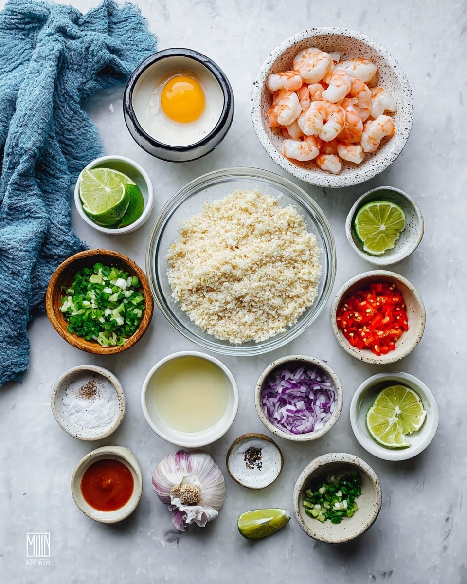 A collection of ingredients is displayed neatly on a white marbled surface, each in its own small bowl or cup. At the center is a clear glass bowl filled with pale, grainy panko crumbs. Above it, a speckled white bowl holds pink and white cooked shrimp pieces. Surrounding these are small bowls with finely chopped green onions, a lime wedge in a white bowl with a black rim, chopped red bell pepper, minced garlic in a small wooden bowl, chopped green chili in another wooden bowl, and diced purple onion in a speckled white bowl. There is also a small white bowl with a light yellow liquid, a clear bowl with a cracked raw egg, a small white bowl with a dollop of mayonnaise, another with reddish sauce, and a tiny white bowl with salt and black pepper. To the left lies a crumpled blue cloth napkin. photo taken with an iphone --ar 4:5 --v 7
