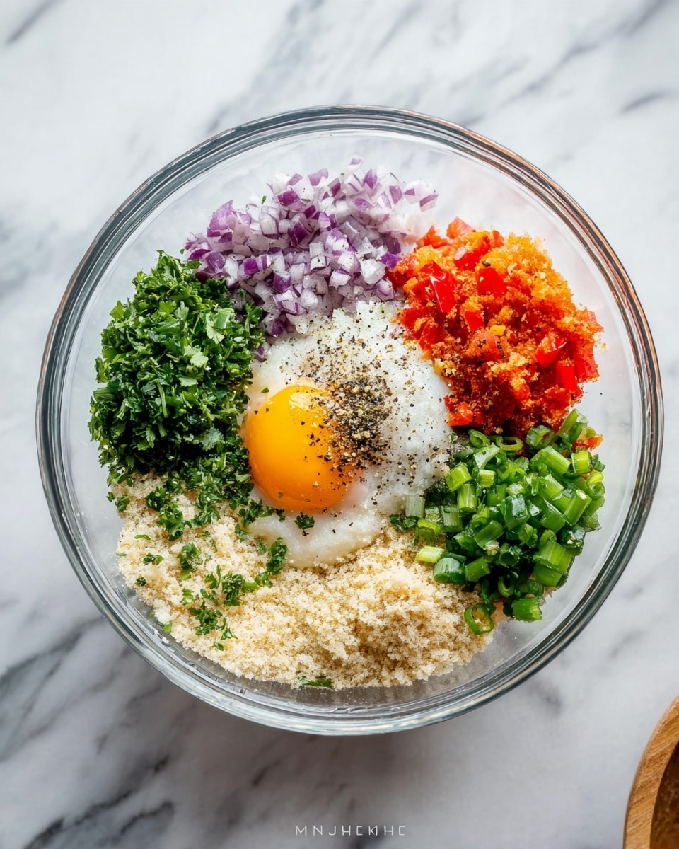 A clear glass bowl on a white marbled surface holds seven separate layers of ingredients. Starting from the left and moving clockwise, there is finely chopped purple onion, chopped green herbs, bread crumbs with a light beige texture, chopped green onions, a raw egg yolk in the center, finely chopped red bell pepper, and a dollop of white creamy sauce with black pepper sprinkled on top. All ingredients are fresh and colorful, arranged neatly in distinct sections in the bowl. Photo taken with an iphone --ar 4:5 --v 7