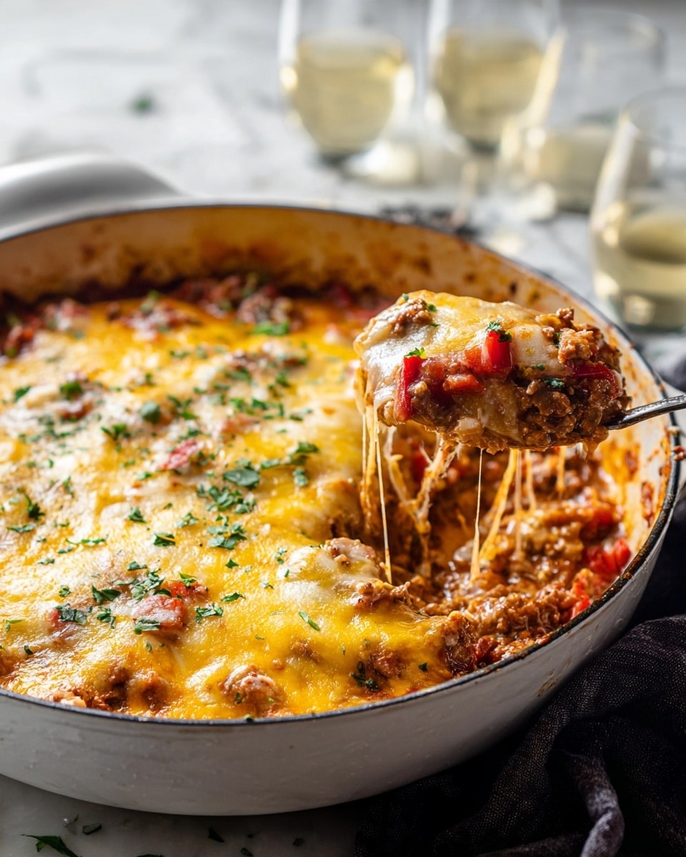 A large white skillet holds a layered dish with a melted yellow cheese topping that looks soft and slightly browned, sprinkled with green herbs. Under the cheese is a mix of minced meat, red bell pepper pieces, and possibly tomato sauce creating a red and brown textured base. A spoon lifts a portion showing thick cheese strands stretching with chunks of meat and diced red peppers. The scene has a white marbled surface underneath with a dark cloth nearby, and blurred glasses of light-colored drink in the background, photo taken with an iphone --ar 4:5 --v 7
