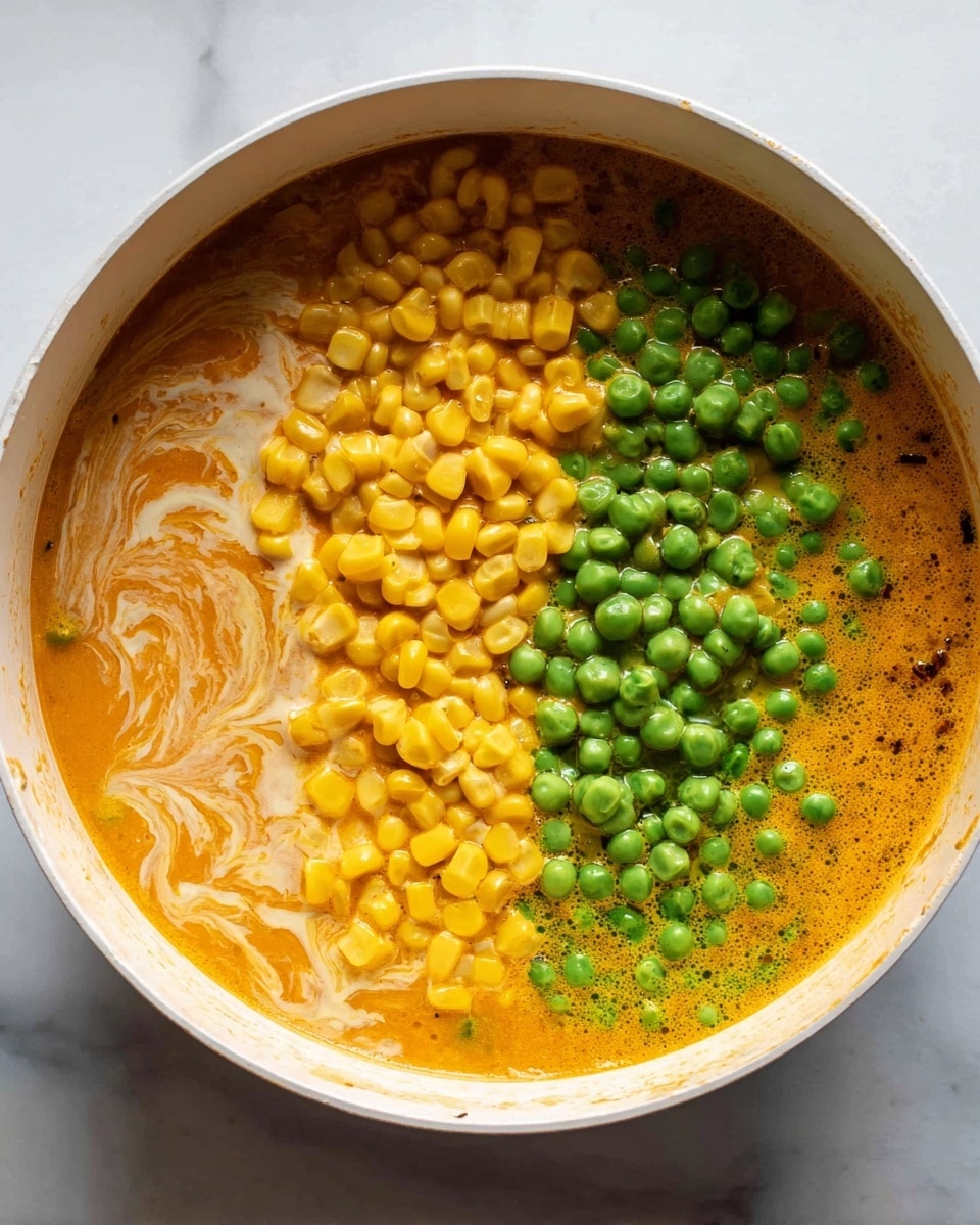 A top view of a white pot placed on a white marbled surface, filled one-third with a thick orange soup base with creamy lighter swirls. On top, two separate piles of bright yellow corn kernels on the left and vivid green peas on the right rest side by side, not mixed yet. The mixture shows a rough texture with visible small bubbles and some tiny dark seasoning specks. Photo taken with an iphone --ar 4:5 --v 7