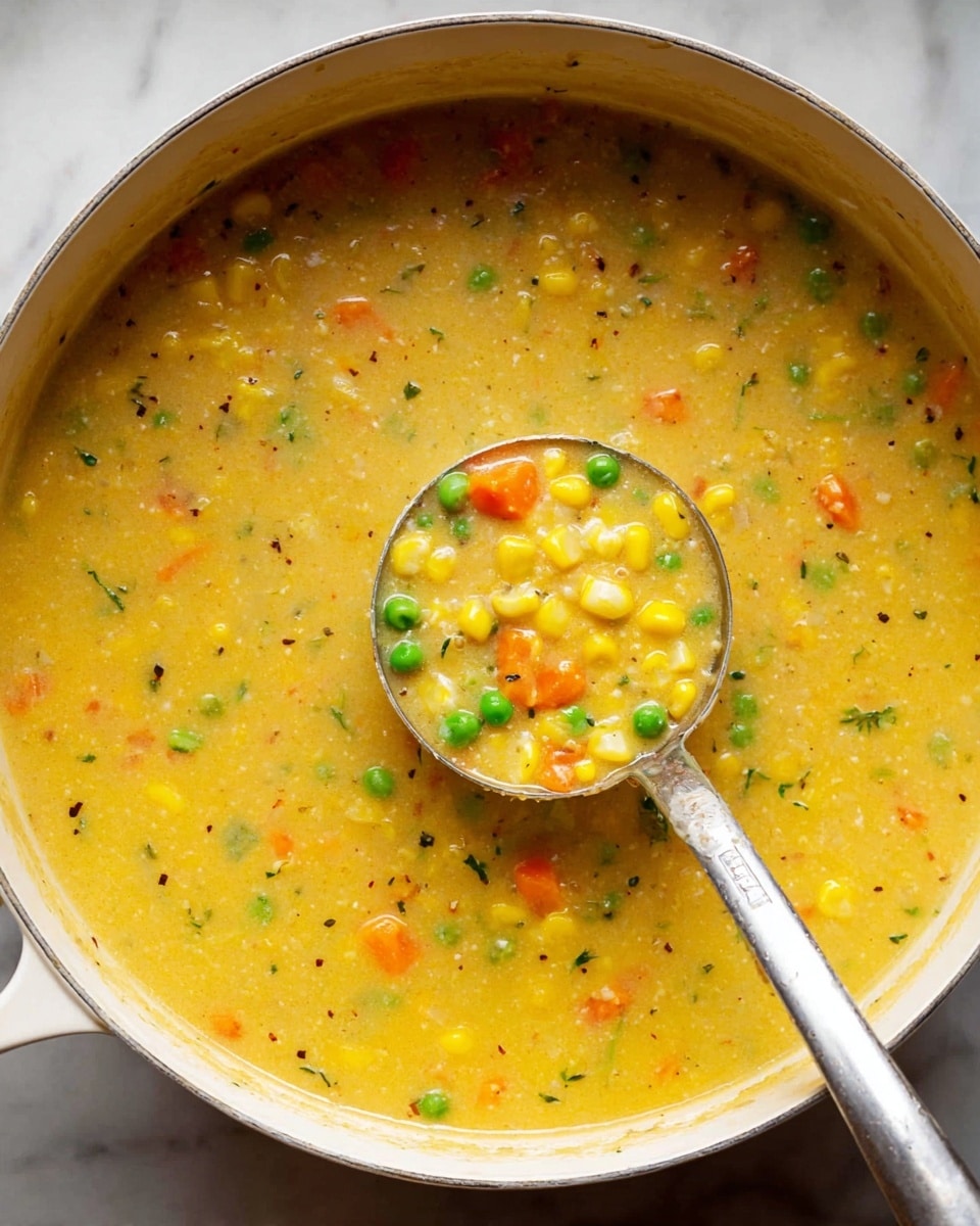 A white pot filled with thick yellow soup that has small green peas, yellow corn kernels, and tiny orange carrot bits spread evenly throughout. The soup has a creamy texture with visible herbs and spices mixed in. A metal ladle dips into the soup, showing a scoop with the same colorful mix of peas, corn, and carrots. The pot rests on a surface with a white marbled texture. photo taken with an iphone --ar 4:5 --v 7