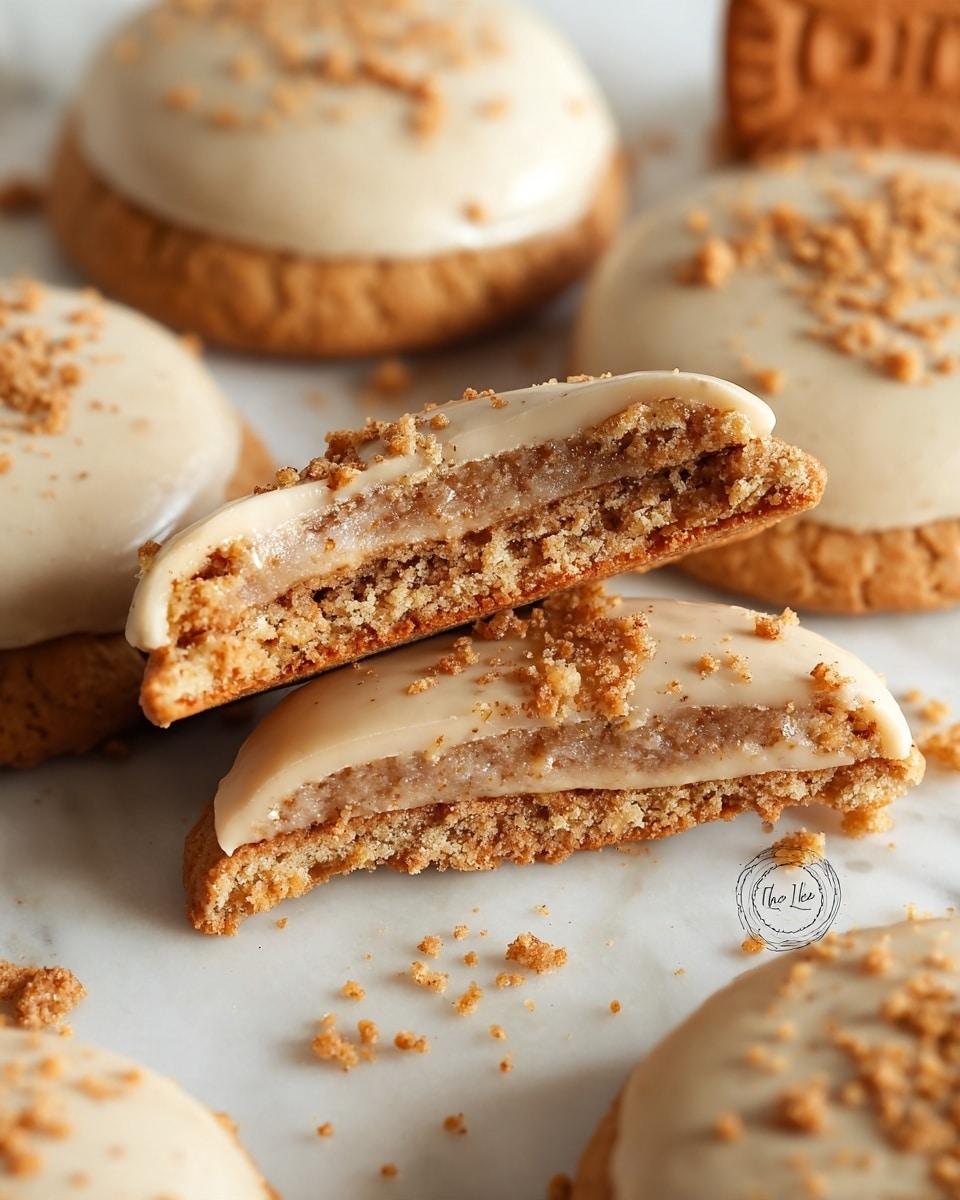 The image shows round cookies with a pale beige icing layer on top, sprinkled with small clusters of light brown crumbs. One cookie is split in half and placed in the front, showing three clear layers: a bottom crumbly cookie base with a soft texture, a middle light brown filling layer, and a top smooth icing layer, all dusted lightly with crumbs. The cookies rest on a white marbled surface, and there is a slight shadow around them. The background includes a plain biscuit blurred out, adding warm brown tones. photo taken with an iphone --ar 4:5 --v 7