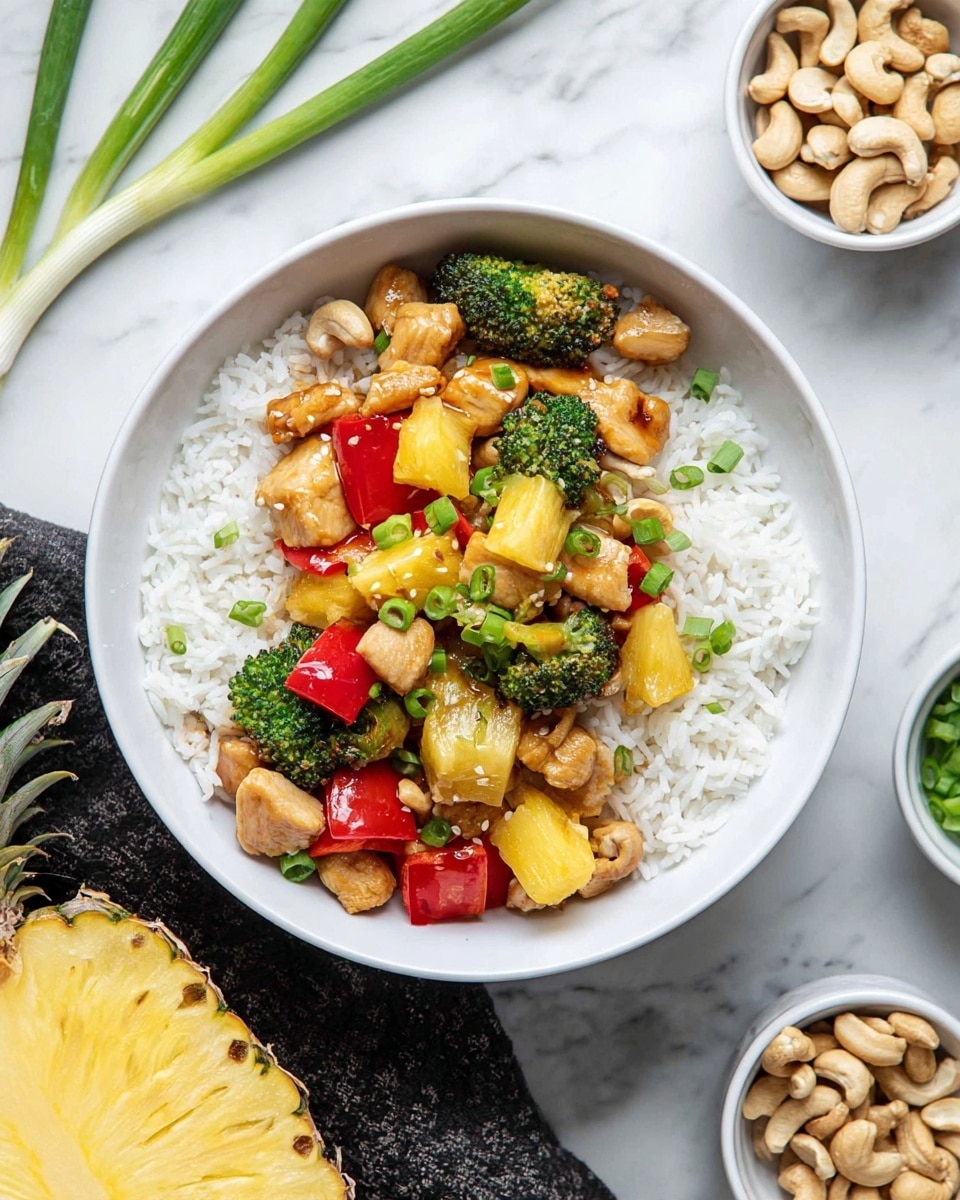 The image shows a white bowl filled with three layers: the bottom layer is white, fluffy rice that fills most of the bowl; the middle layer is a colorful mix of light golden-brown cooked chicken pieces, bright red bell pepper chunks, green broccoli florets, and yellow pineapple cubes, all mixed with shiny cashews; the top layer has scattered small green spring onion pieces and a light glossy sauce coating the chicken and vegetables. Around the bowl, there are small white bowls with whole cashews and fresh cut green onions on a white marbled surface, with part of a pineapple and more green onion stalks nearby. photo taken with an iphone --ar 4:5 --v 7