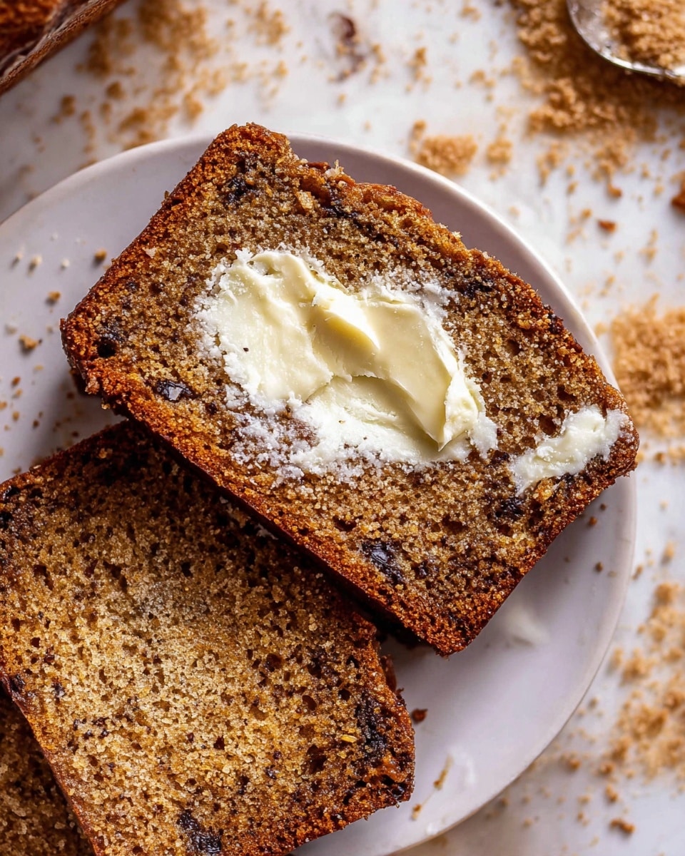 Two slices of brown bread loaf with dark pieces inside are placed on a white plate. One slice shows a melting white spread in the center, which looks soft and creamy. The texture of the bread looks moist and slightly crumbly with a crust that is darker brown. The background is a white marbled surface with some brown sugar crumbs scattered nearby. Photo taken with an iphone --ar 4:5 --v 7