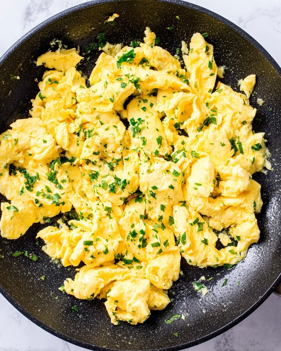 The image shows scrambled eggs cooked in a black frying pan, with several uneven yellow egg layers piled across the pan. The texture looks soft and fluffy with some slightly browned spots. Small green chopped herbs are sprinkled evenly on top, adding color contrast with the yellow eggs. The pan is placed on a white marbled surface. Photo taken with an iphone --ar 4:5 --v 7