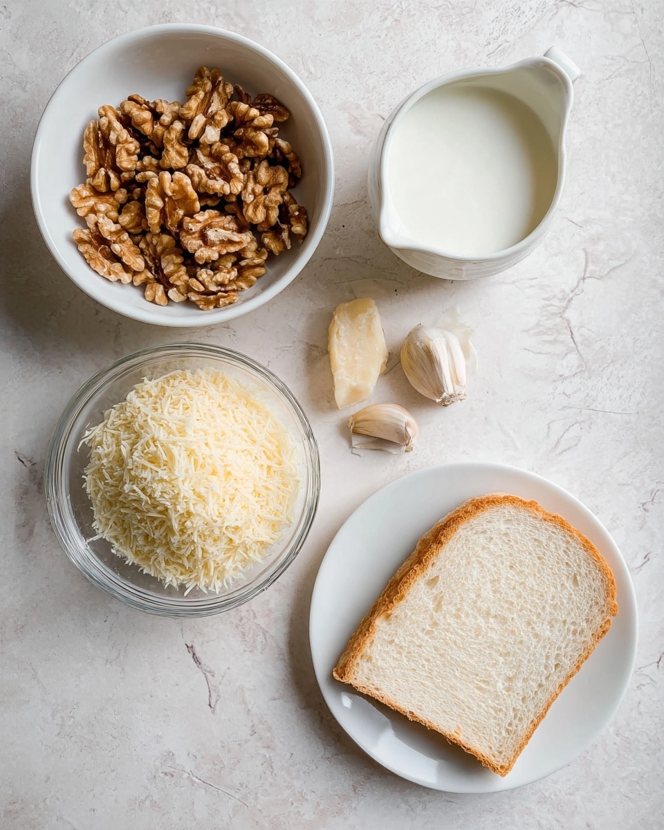 The image shows four separate items arranged on a white marbled surface: a white bowl filled with walnut halves with a clove of garlic beside them, a clear glass bowl holding a mound of finely grated pale yellow cheese, a small white pitcher containing milk, and a white plate holding a single slice of white bread with a soft texture. The items are evenly spaced and photographed from above, creating a neat and simple layout. photo taken with an iphone --ar 4:5 --v 7
