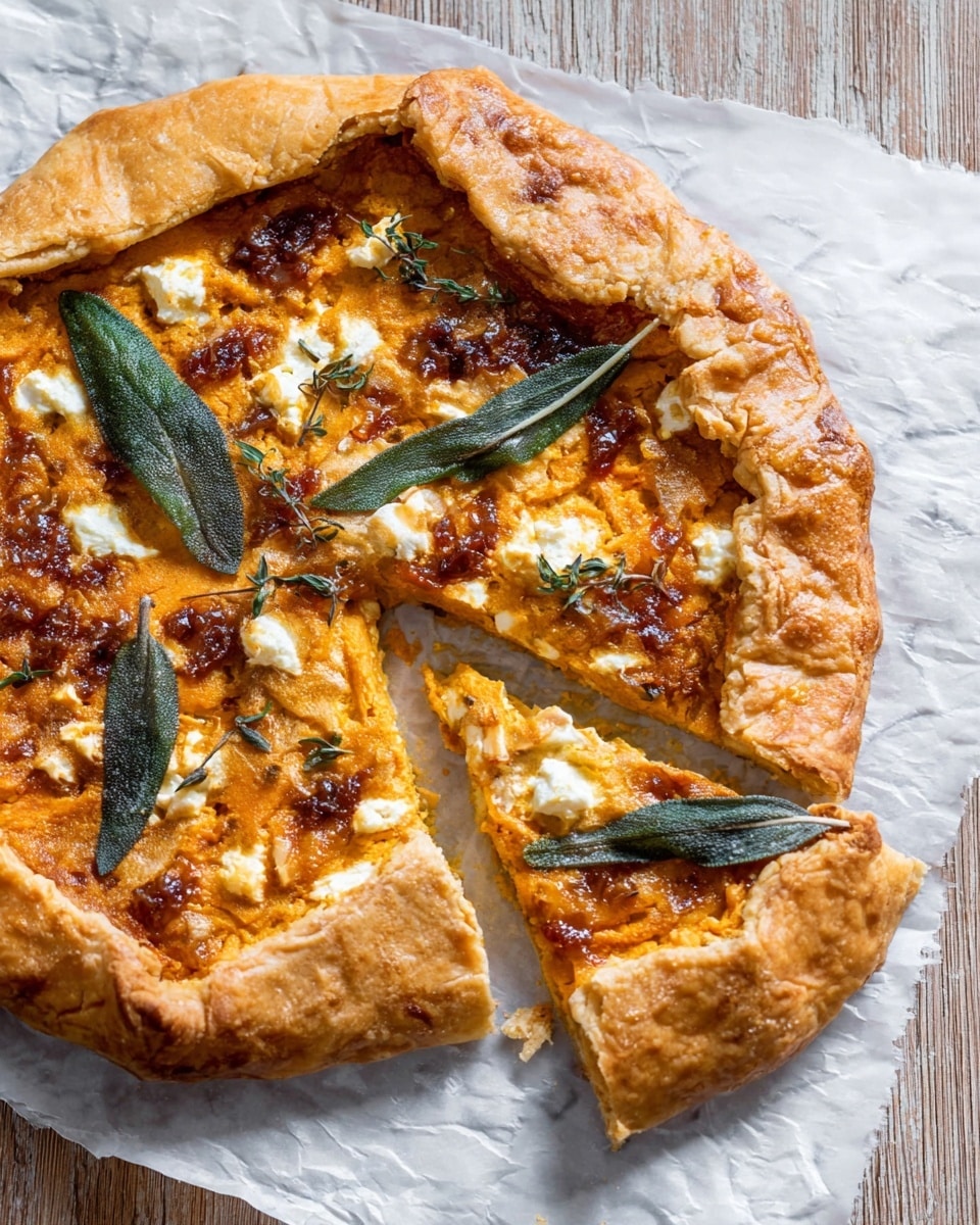 A single slice of tart on a white plate with blue patterns, placed on a white marbled surface. The tart has three main layers: a golden brown flaky crust at the bottom, a thick bright orange layer of pumpkin filling in the middle, and a top layer with small white dollops of cheese and bits of browned caramelized onions. There are a few green crispy sage leaves on top, adding texture and color contrast. A silver fork lies on the plate near the tart slice. photo taken with an iphone --ar 4:5 --v 7