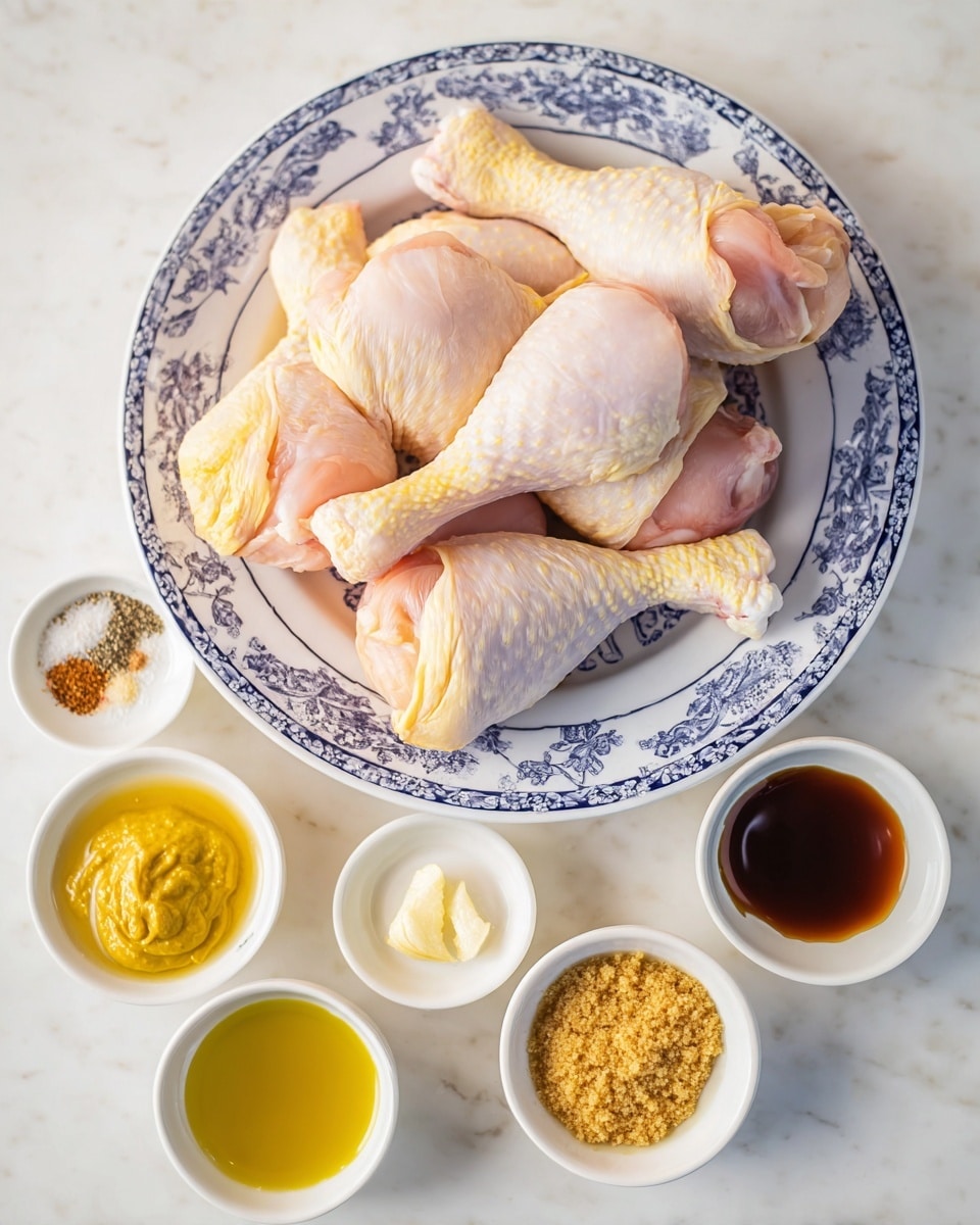 A large white plate with blue floral patterns holds eight raw chicken drumsticks with pale pink skin and some yellowish fat. Below the plate are six small white dishes arranged loosely, containing different ingredients: one dish has a mix of salt, black pepper, garlic powder, and onion powder, another has minced garlic, a third dish holds a small amount of light yellow liquid, a fourth contains a thick yellow mustard-like sauce, the fifth is filled with dark brown liquid, and the last one holds crumbly brown sugar. All dishes and the plate are placed on a white marbled surface. photo taken with an iphone --ar 4:5 --v 7